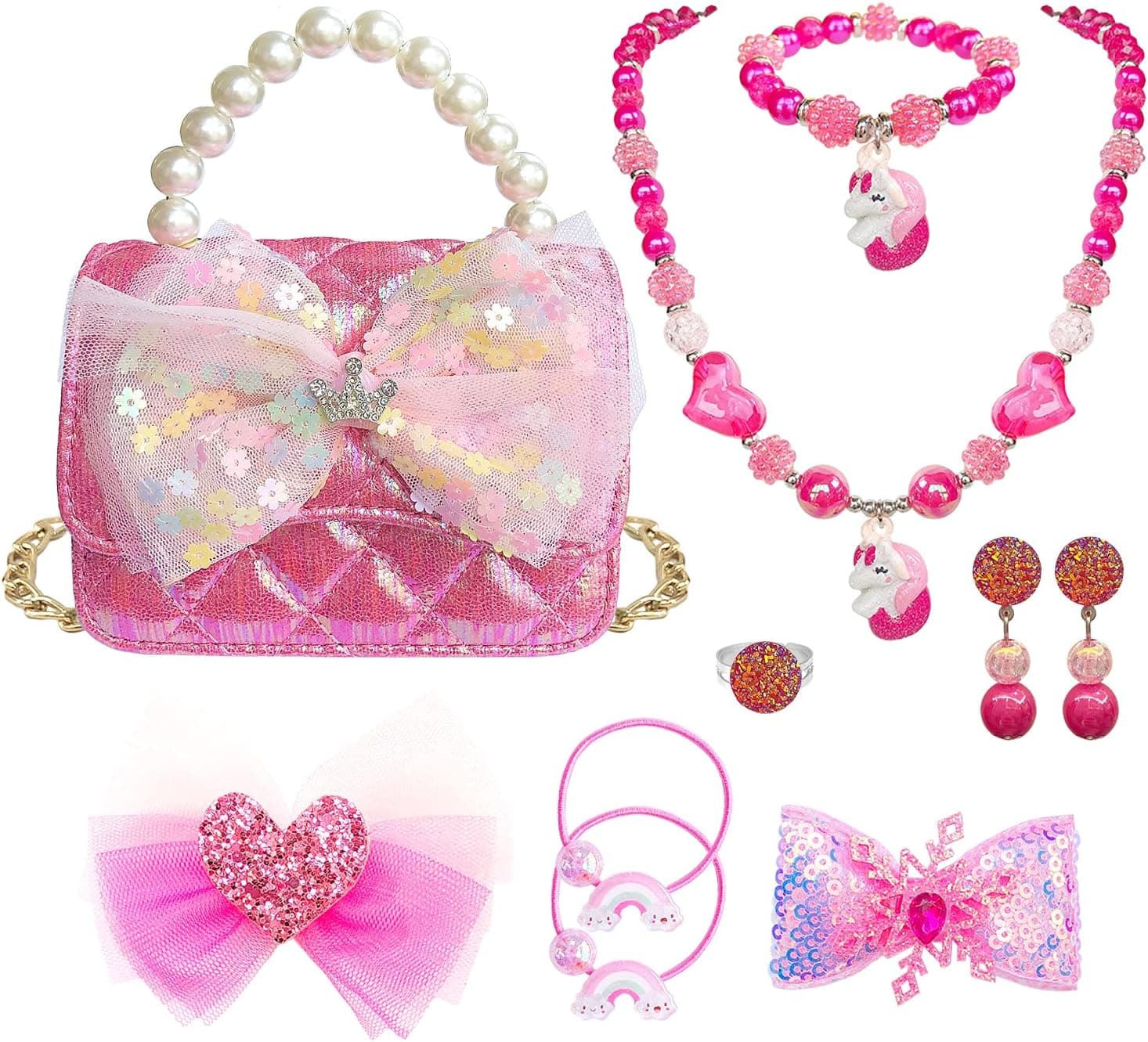 ELEMIRSA Girl Handbag Purse for Little Girls Kids Pretend Play Dress Up Necklace Hair Accessories Jewelry Set, Hot Pink