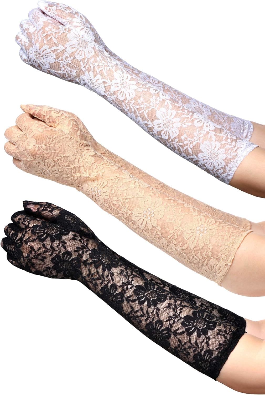Boao 3 Pairs Long Lace Gloves for Women Floral Lace Gloves Vintage Elbow Length Gloves for Wedding Dinner Parties, 3 Colors