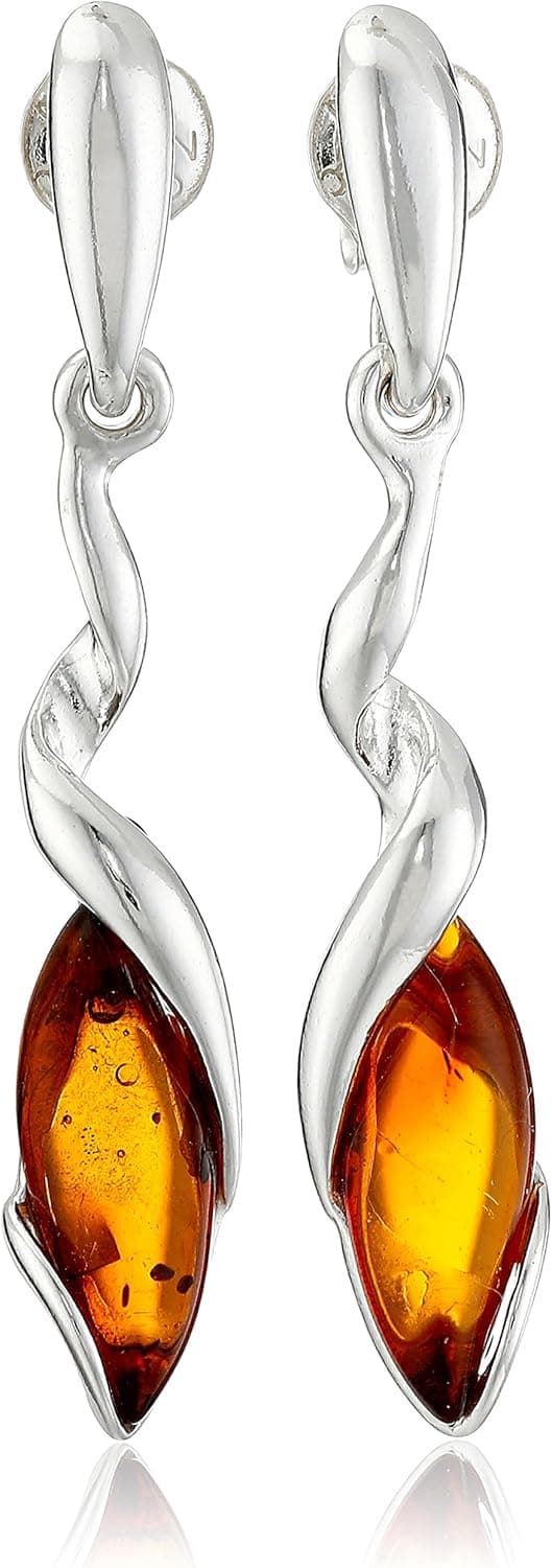 Sterling Silver Yellow Amber Marquise Dangle Earrings