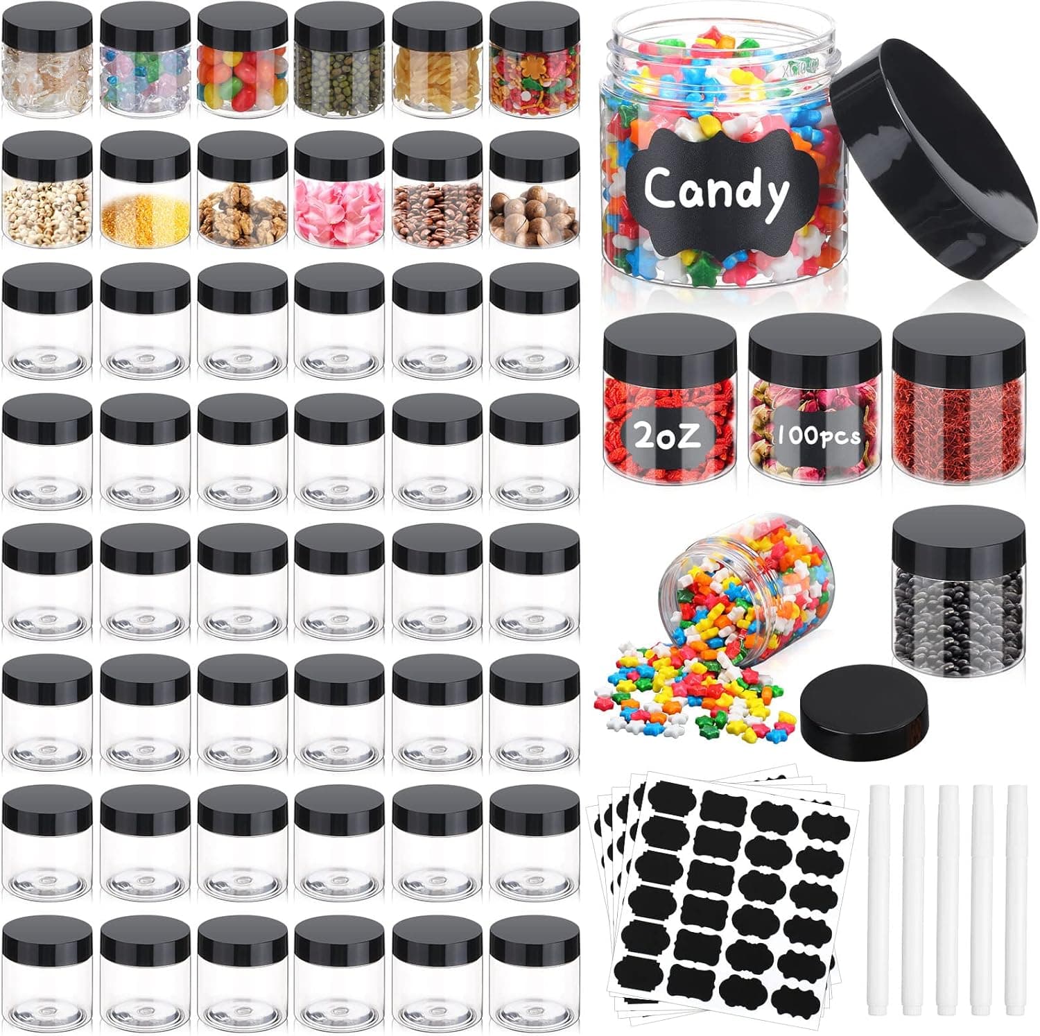 Mimorou 100 Pcs Plastic Jars with Lids Wide Mouth Round Clear Containers, Black Pen and Labels Refillable Airtight Travel Storage Leak Proof Small for Storing Dry Food, Makeup, Honey, Butter (2 oz)
