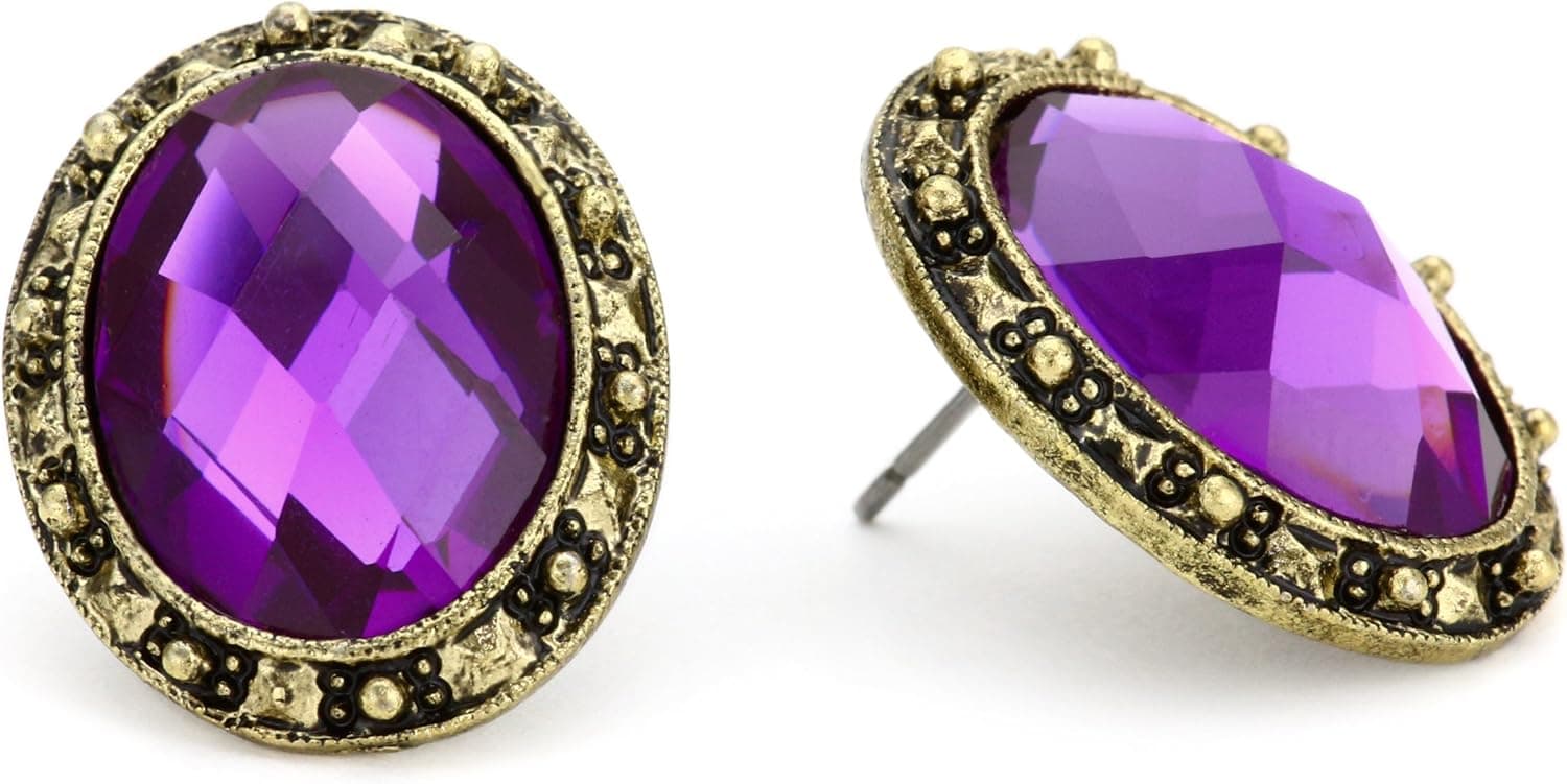 1928 Jewelry "Deep Siberian" Gold-Tone Amethyst Oval Faceted Button Earrings