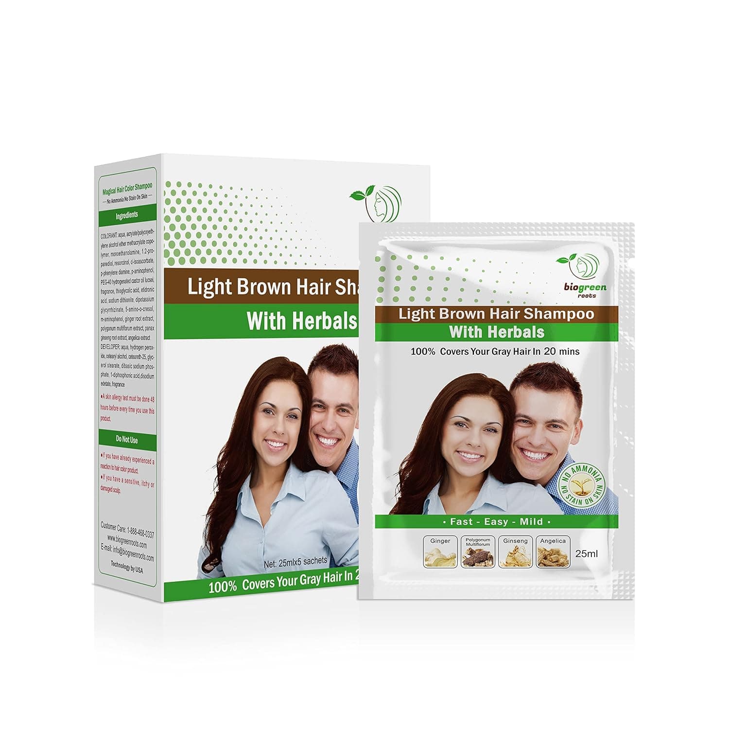Biogreen Roots Shampoo 5 Pouches - Light Brown Hair Color Shampoo with herbals for Men and Women - New & Improved Formula - All Hair Types -with Herbals Ingredients Light Brown Hair Shampoo - 5 Pouches with 5 pair of gloves.