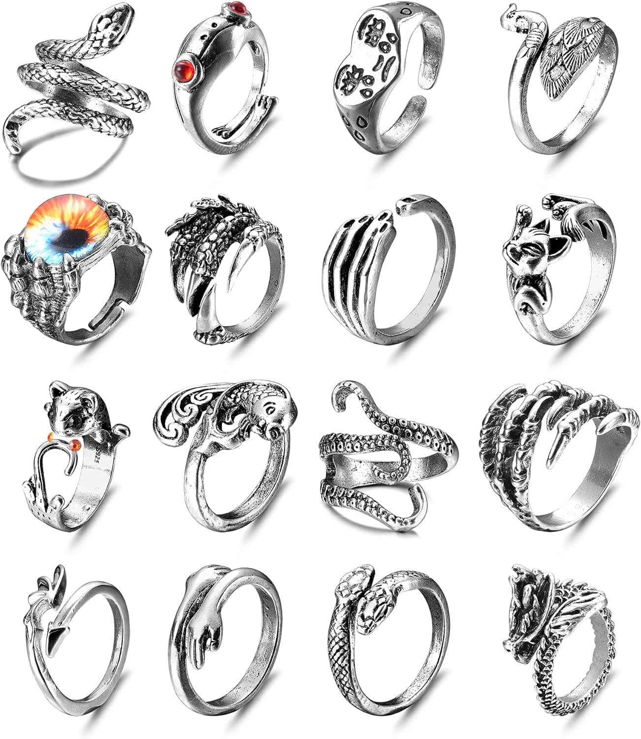 UBGICIG 16 Pcs Vintage Open Frog Rings Set Knuckle Stacking Ring Snake Ring Boho Finger Rings for Women Men Egirls