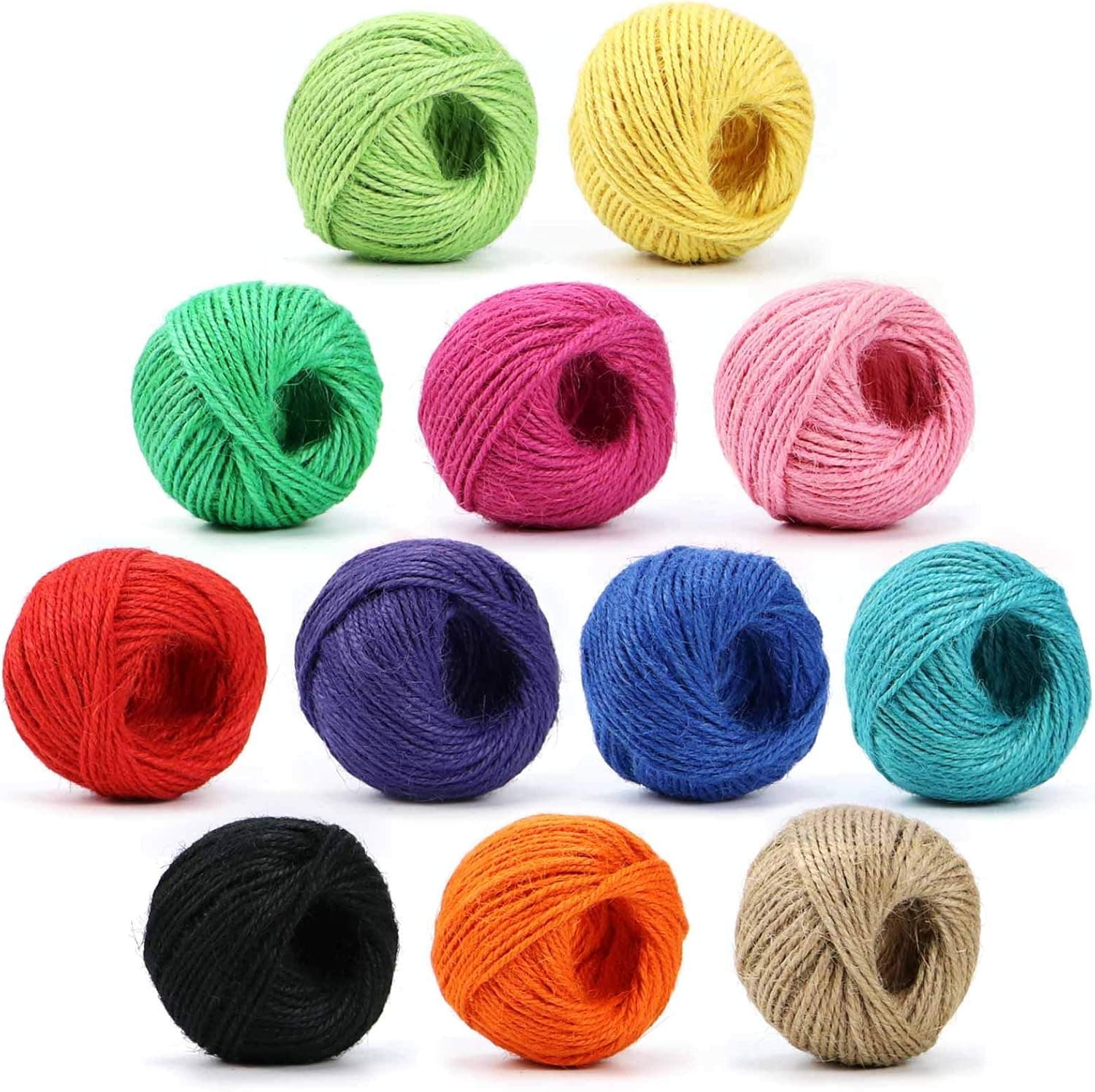 HULISEN Colorful Jute Twine, 12 Rolls 2mm 3 Strands Natural Jute String for Artworks, DIY Crafts, Picture Display and Embellishments, Festive Twine for Gift Wrapping (Each 82 Feet)