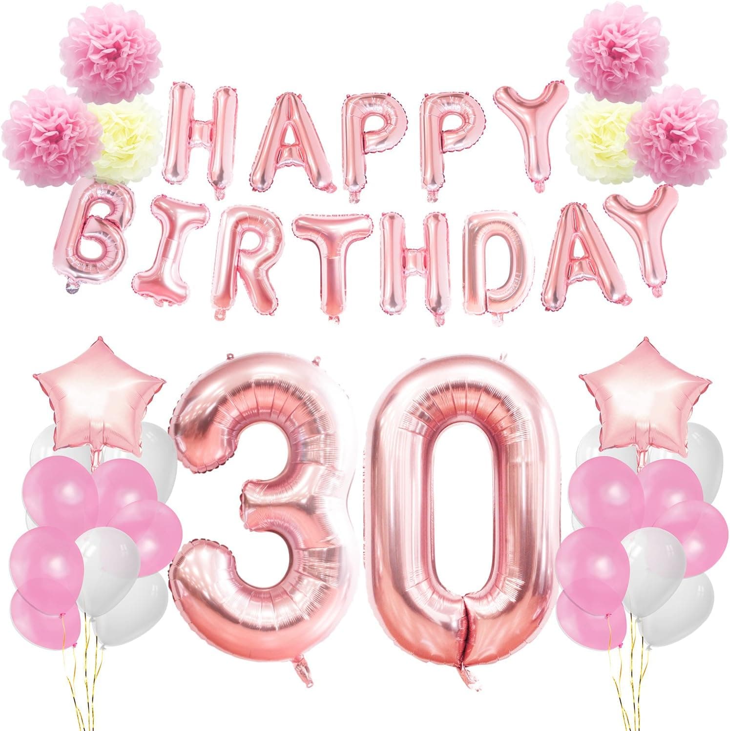 KUNGYO 30th Birthday Decorations Kit-Rose Gold Happy Birthday Banner- Giant Number 30 and Star Helium Foil Balloons, Ribbons, Paper Pom Flowers, Latex Balloons, Elegant Party Supplies for Women