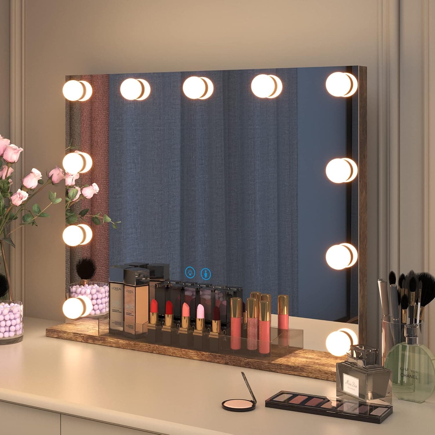 Ylued Vanity Mirror Makeup Mirror with Lights, Hollywood Lighted Mirror with 11 Dimmable LED Bulbs, 3 Color Lighting Modes, Large Desk Mirror with Smart Touch Control 23" W x 18" H, (Wood, Horizontal)