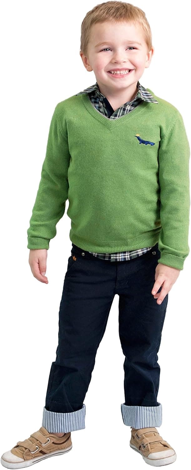 Dakomoda Toddler Boys' Cashmere Wool Blend Green Sweater V-Neck Elbow Patch