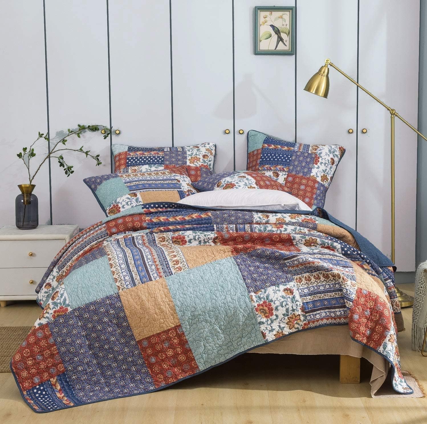 DaDa Bedding Cotton Bohemian Vibes Patchwork Floral Bedspread Set - Rustic Mediterranean Garden Bright Vibrant Multi-Colorful - Navy Blue & Brick Red Orange Brown - Queen - 3-Pieces