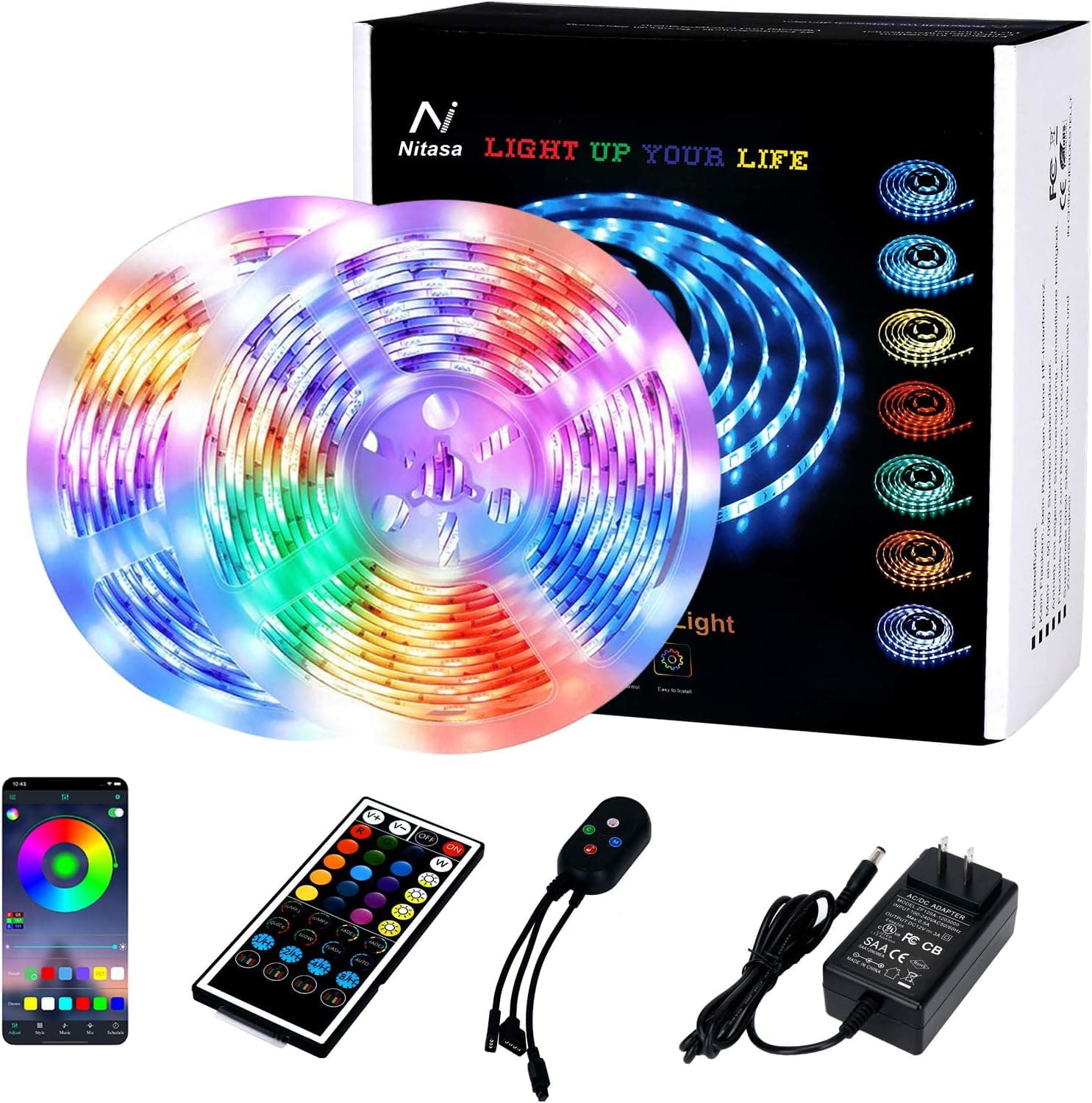 Nitasa led Strip Lights 32.8ft,RGB5050 Bluetooth Music sync Color Changing Lights, with 40-Key Remote Control, Suitable for Bedroom, Kitchen, Party, Holiday, Wedding Decoration