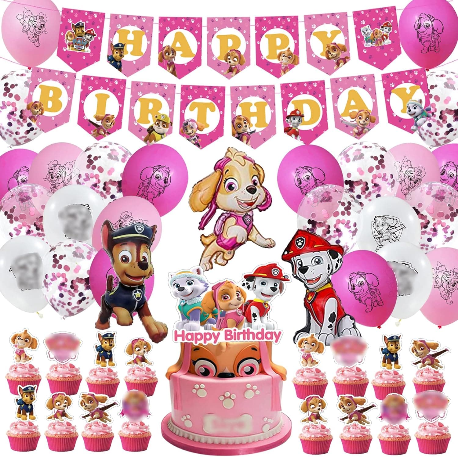 YTGER 103Pcs Pink Cartoon Dog Birthday Party Supplies,103Pcs Decorations Include Happy Banners and Mylar Balloons,Cake Toppers, Cupcake Toppers Balloons Kid-Friendly Supplies