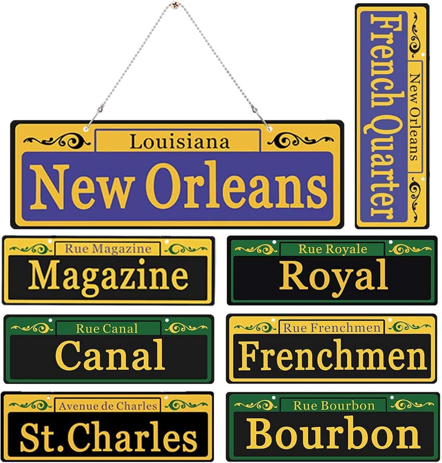 2020 Mardi Gras Decorations New Orleans Street Signs 8 Pack Ornaments - 1:1 Size Duplex Printed PVC Made Mardi Gras Party Table Decor, with Extra Metal Chain for Outdoor Carnival Hanging