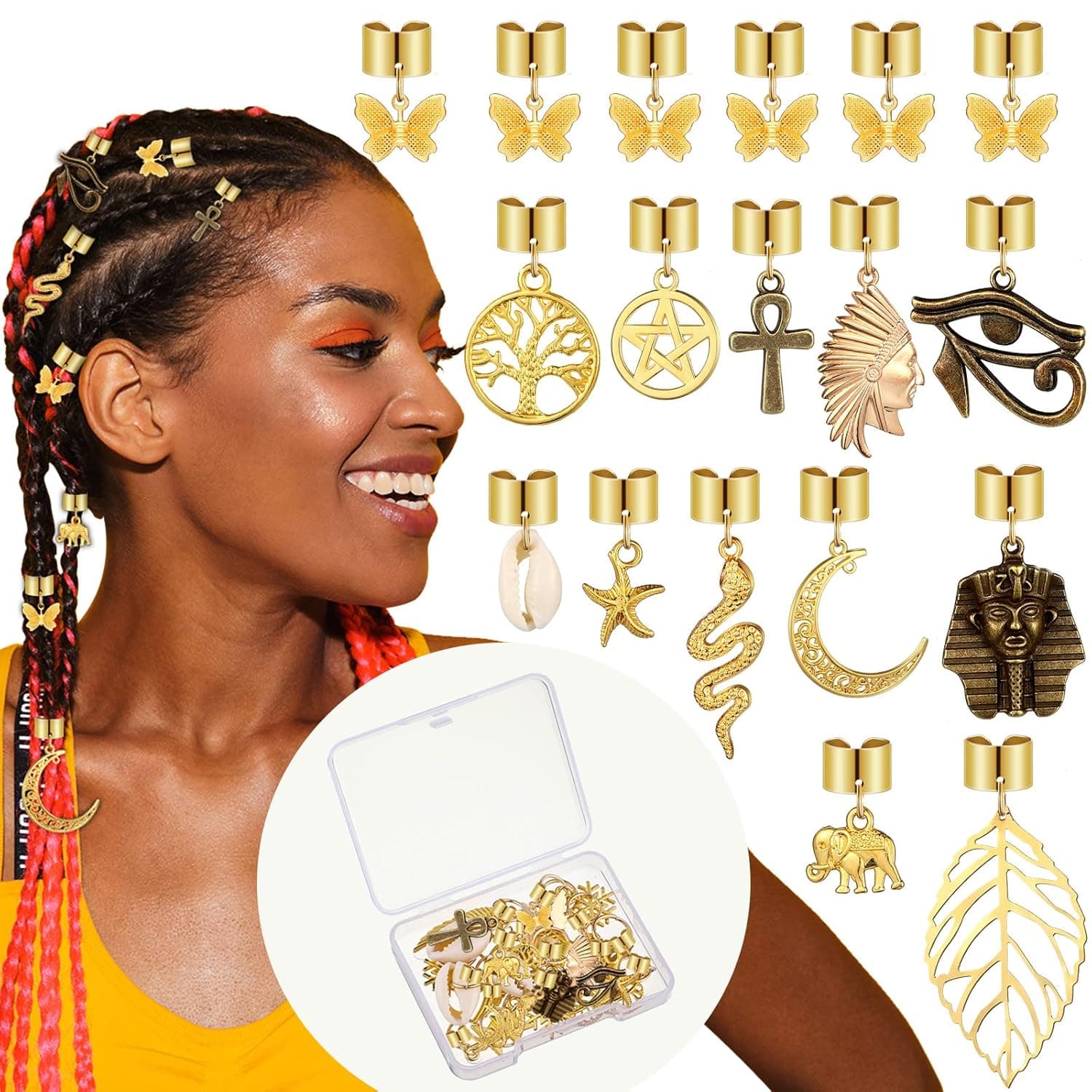 WILLBOND 18 Pieces Butterfly Hair Jewelry for Braids Summer Gold Braid Hair Clips Dreadlock Braid Charms Accessories Hair Rings Jewelry Hair Accessory for Women Girls(Fresh Style)