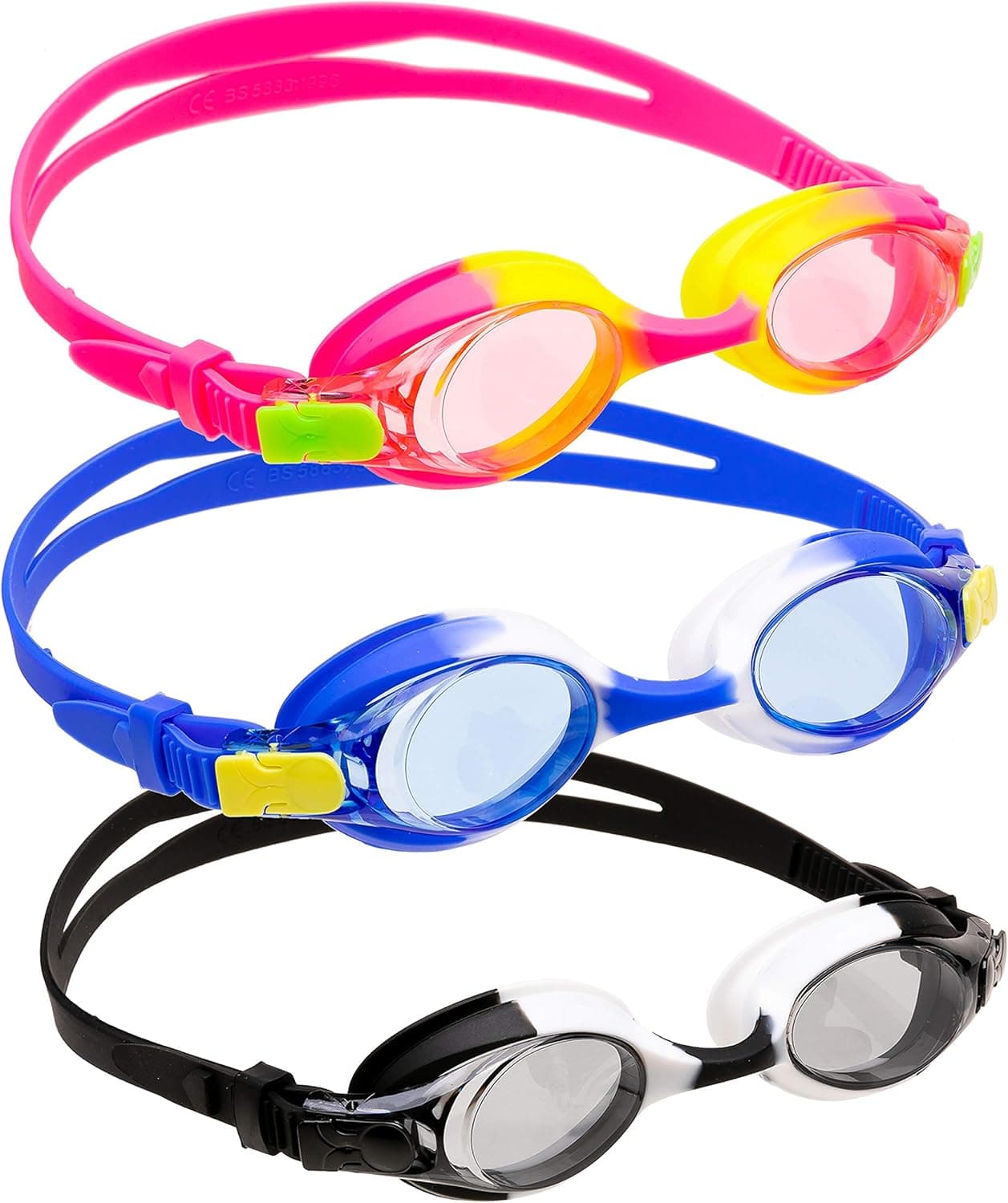 Sloosh Kids Swim Goggles (3 Pack), Wide View Anti-Fog Swimming Goggles for Teens