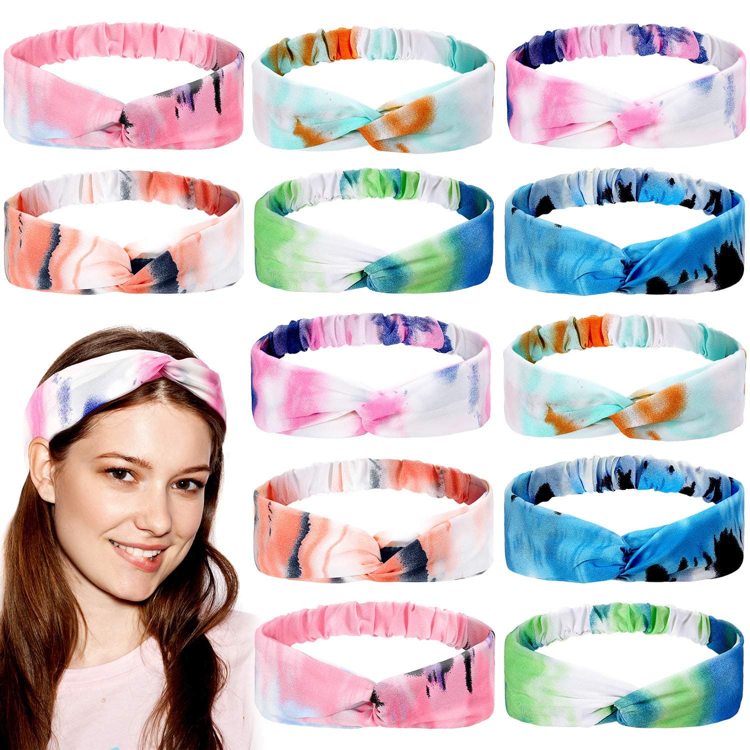 12 Pieces Tie Dye Headbands Elastic Twist Knot Headbands Stretch Turban Head Wraps Yoga Sports Hair Bands for Teens Girls Women Adults