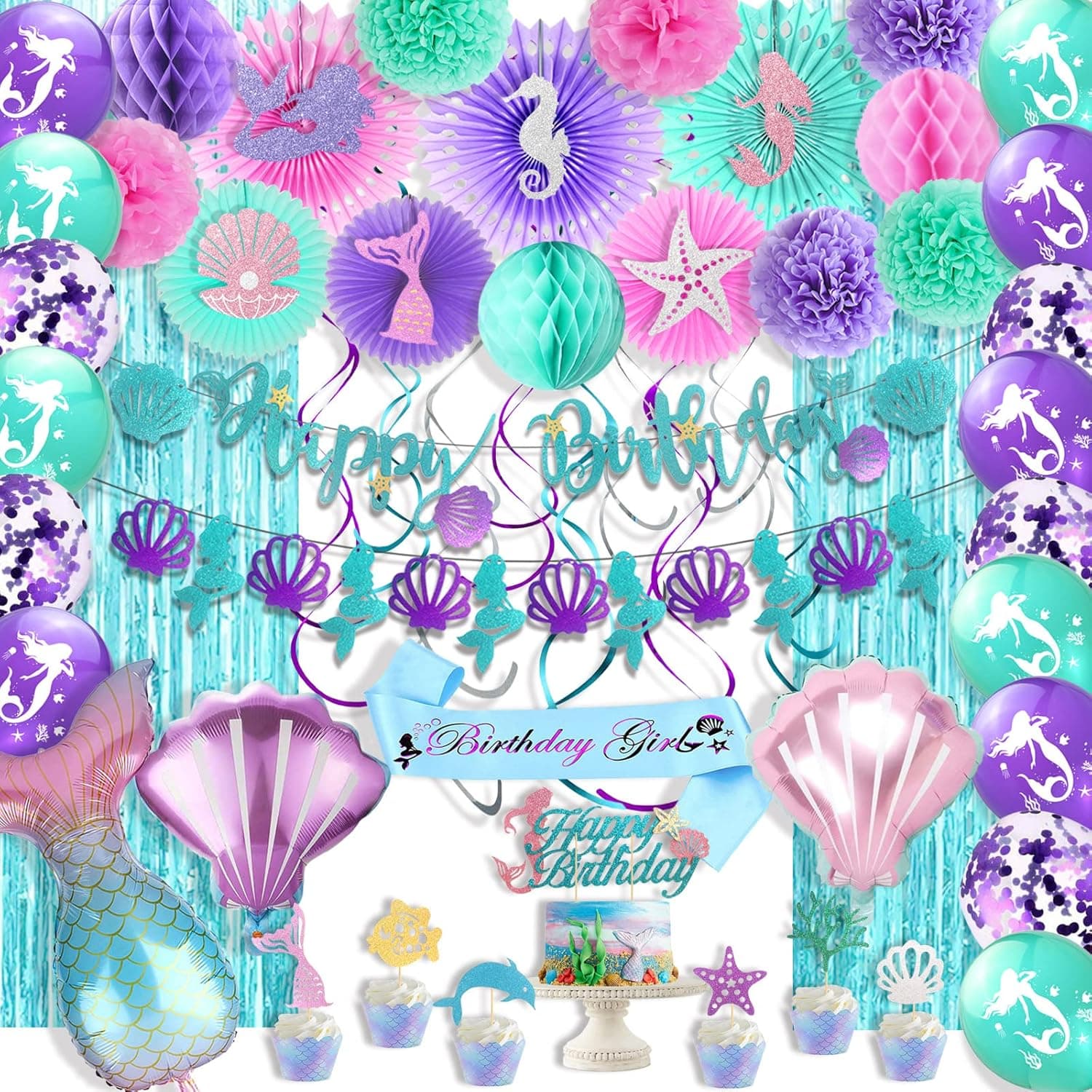 Hombae Mermaid Birthday Decorations, Mermaid Party Decorations Supplies Kit, Mermaid Cake Decorations, Mermaid Theme Birthday Decorations, Mermaid Banner Cake Topper Paper Fans with Cute Cut Outs