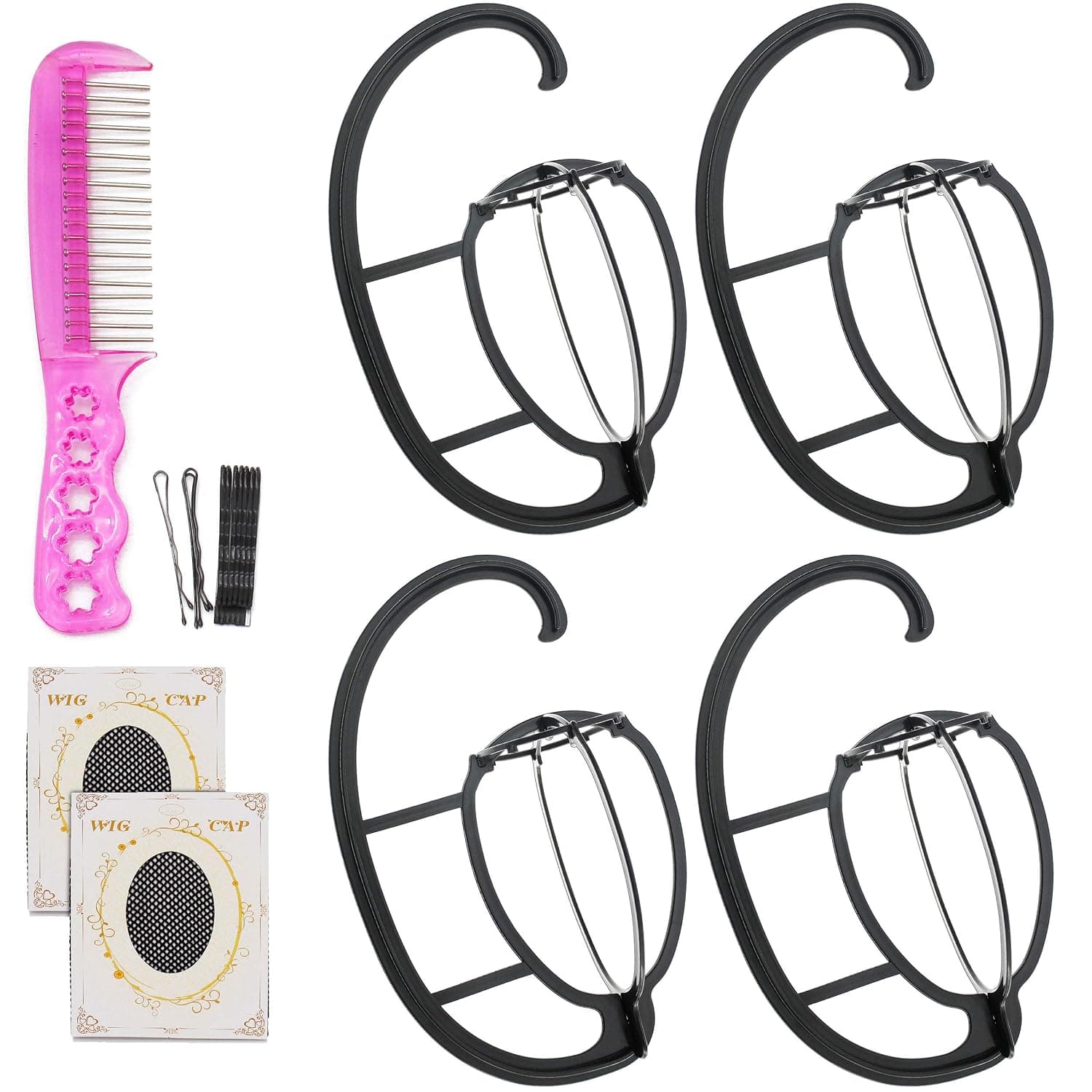 Lusecarl Wig Hanger with Hair Comb Wig Cap Set For All Wigs, Wig Holder Stand Portable Wig Dryer Collapsible Wig Display Holder Tool with Hair Pins, Wig Comb, Wig Caps (4 Pack, Black)