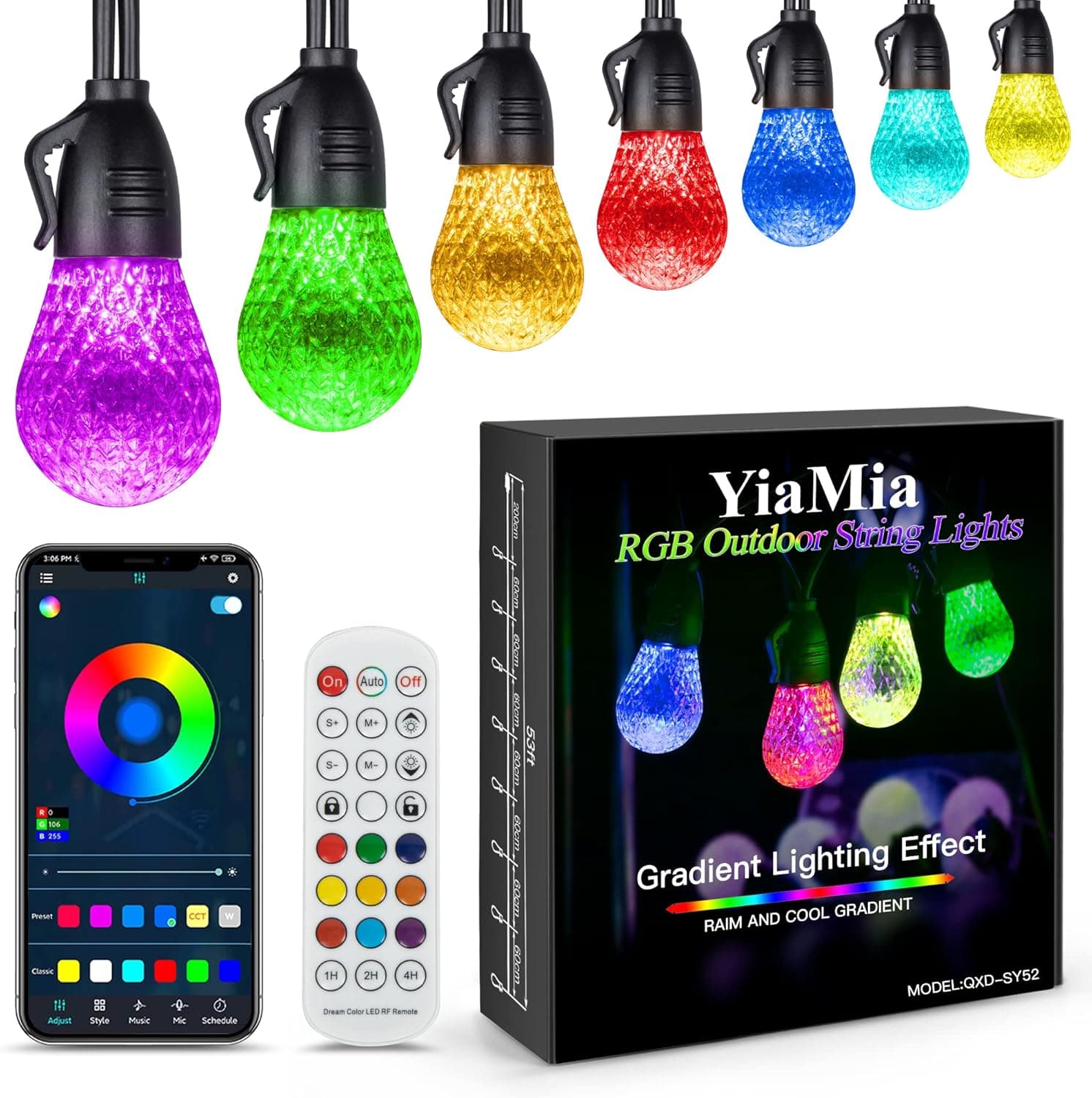 Outdoor String Lights 53FT RGB Color Changing Patio String Lights With App & Remote Control, 25 Bulbs Smart LED String Lights IP66 Waterproof Shatterproof 8 Scene Modes For Patio, Balcony, Garden