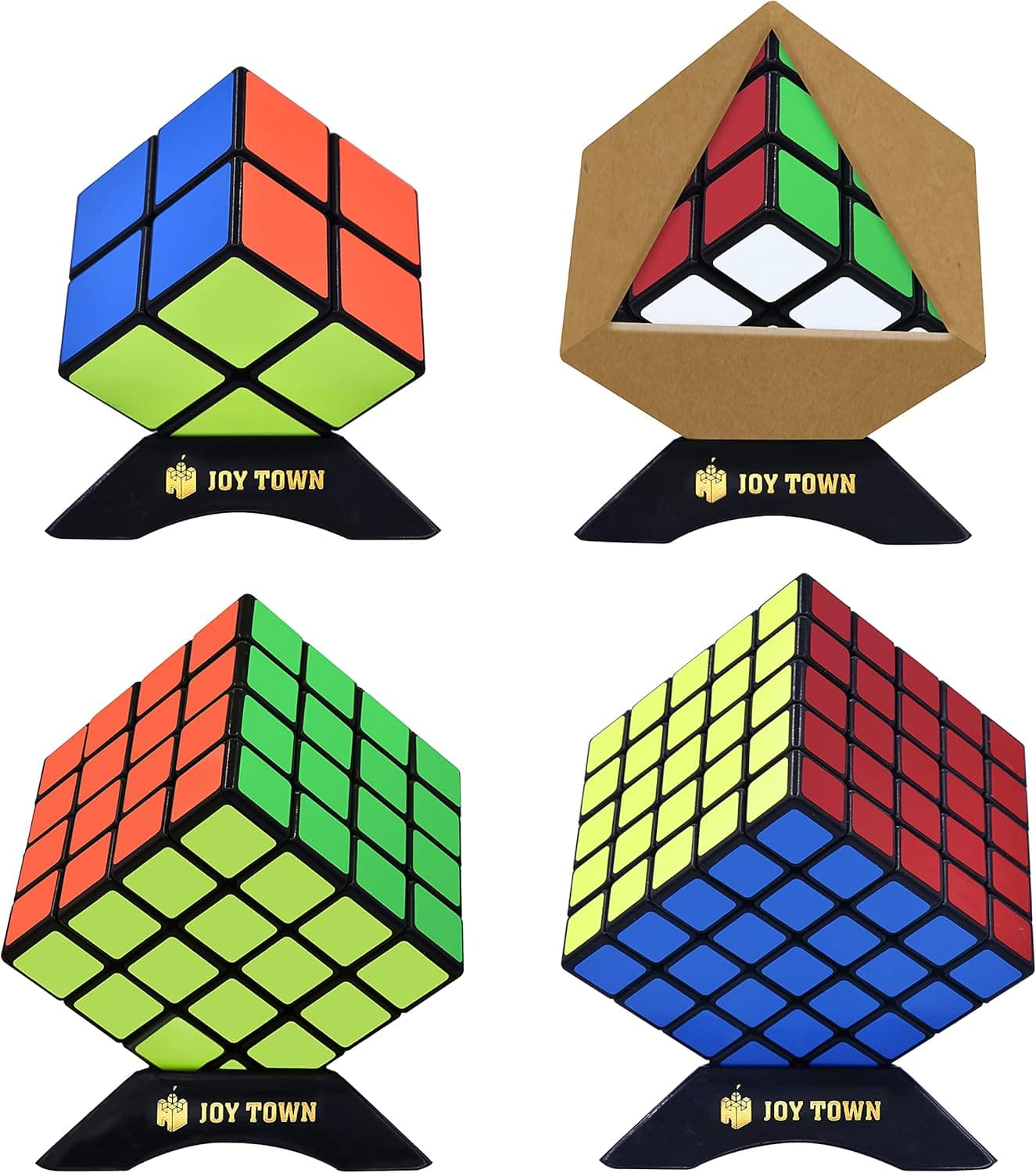 JoyTown Speed Cube Set of 4 Bundle Pack, 2x2 3x3 4x4 5x5 Puzzle Cube, Speedcubing with Bonus Four Stands and Screwdriver Black