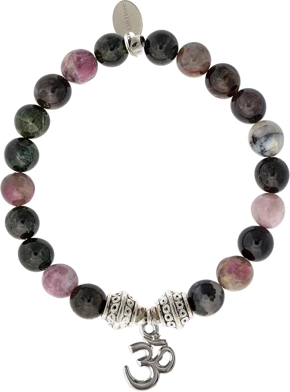 EvaDane Natural Tourmaline Gemstone Tibetan Bead Om Charm Stretch Bracelet