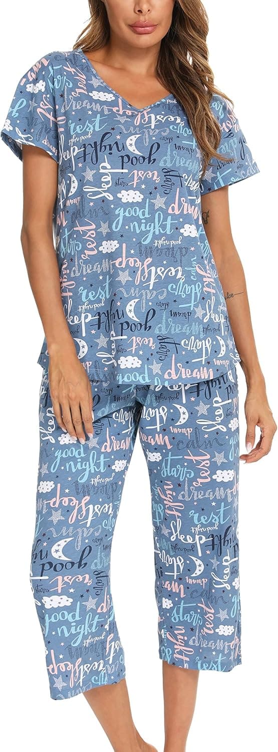 MIA LUCCE Womens Pajama Set -Cute Print Tops with Capri Pants PJ Sets-2 Piece Sleepwear(M~3XL)