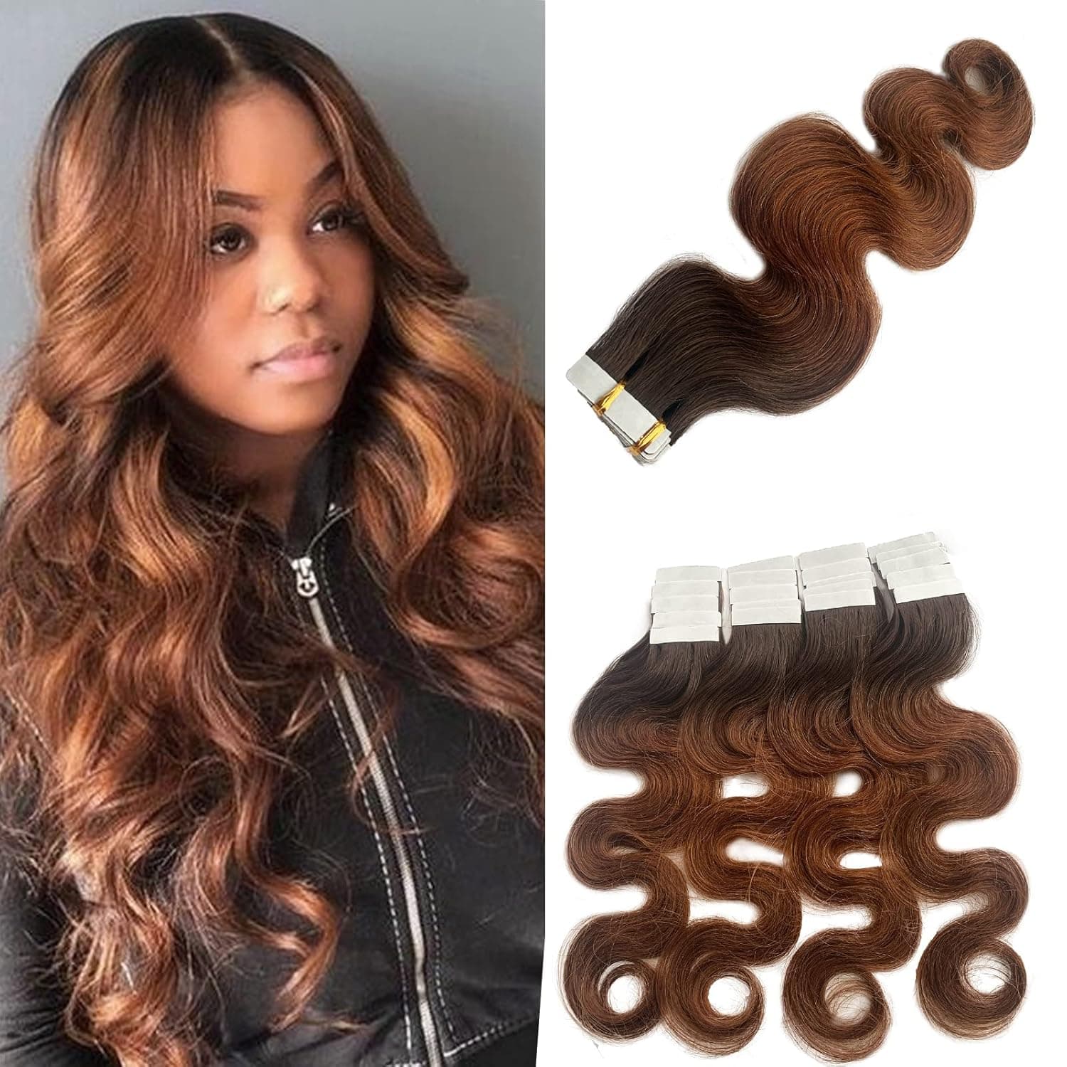 Ombre Tape in Hair Extensions Human Hair for Women, Ombre Brown Body Wave Tape in Extensions PU Weft Medium Brown to Auburn Wavy Hair Extensions Real Human Hair 14 Inch 50grams 20pcs