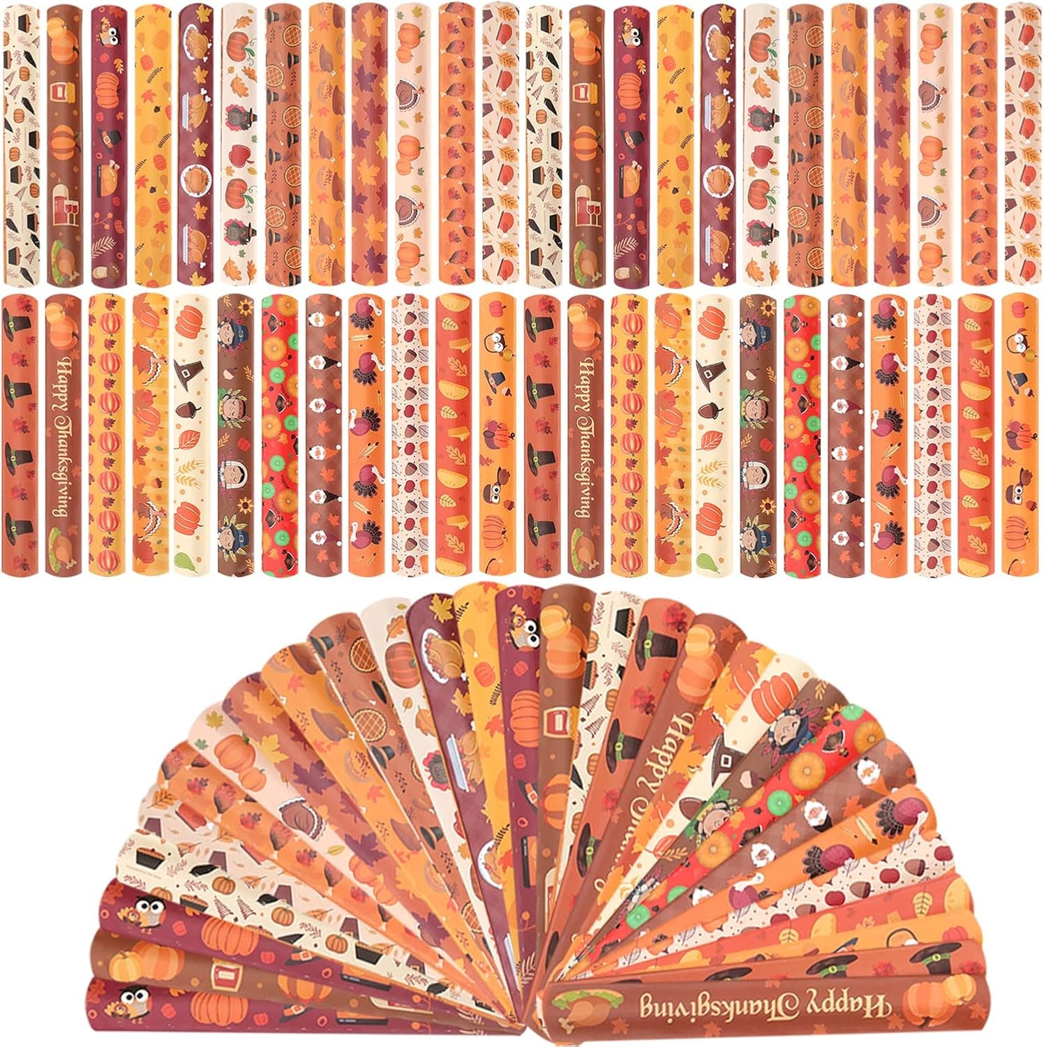 WIQEDOHA 96PCS Thanksgiving Maple leaf Themed Slap Bracelets for Thanksgiving Party Favors, Fall party Favors,Birthday Party Favors,Classroom Prizes,24 Designs
