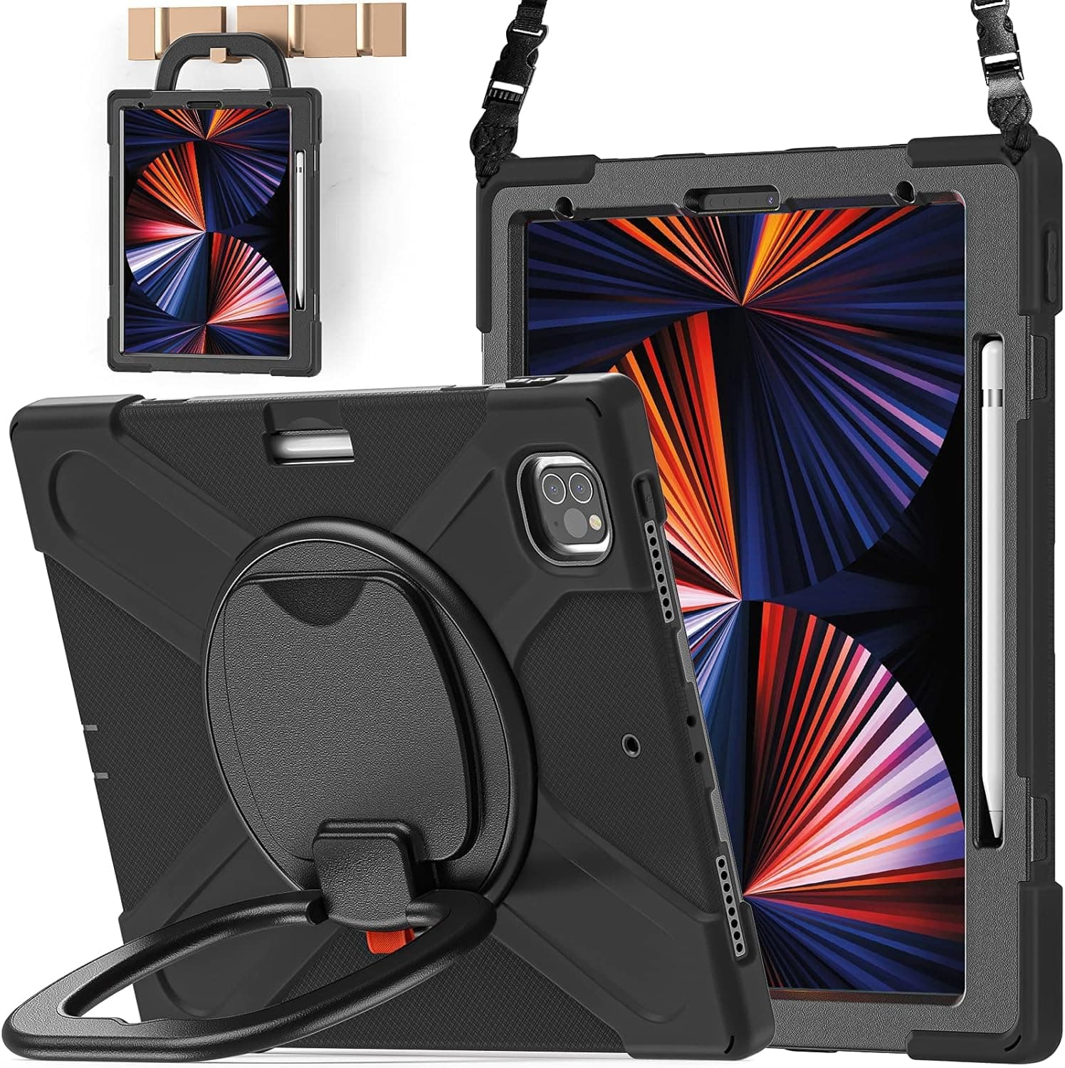 BATYUE iPad Pro 12.9 2021 Case,[Rugged] [Heavy Duty] iPad Pro 12.9 5th Generation Case with 360° Swivel Stand/Handle Grip/Shoulder Strap/Wireless Apple Pencil Charging Pencil Holder - Black