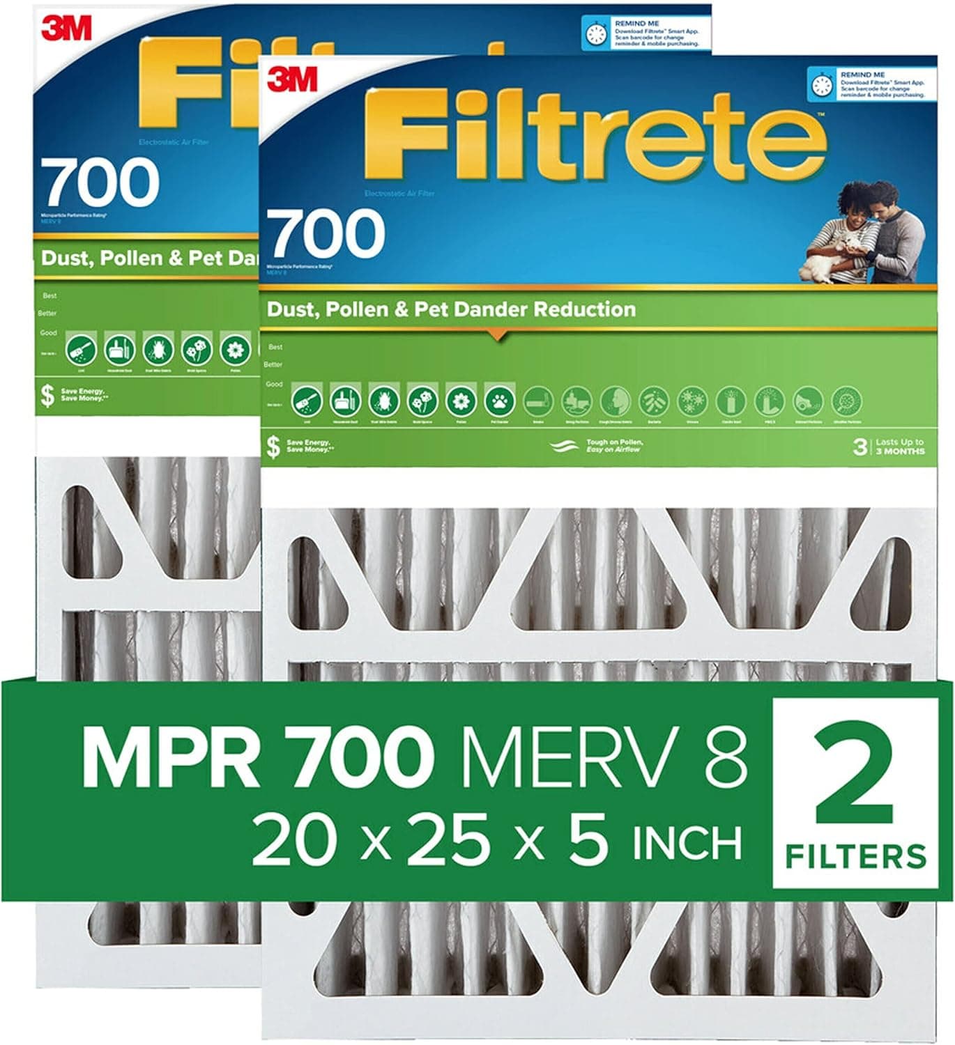 Filtrete 20x25x5 Air Filter, MPR 700, MERV 8, Clean Living Dust, Pollen and Pet Dander Reduction 3-Month Pleated 5-Inch Air Filters, 2 Filters