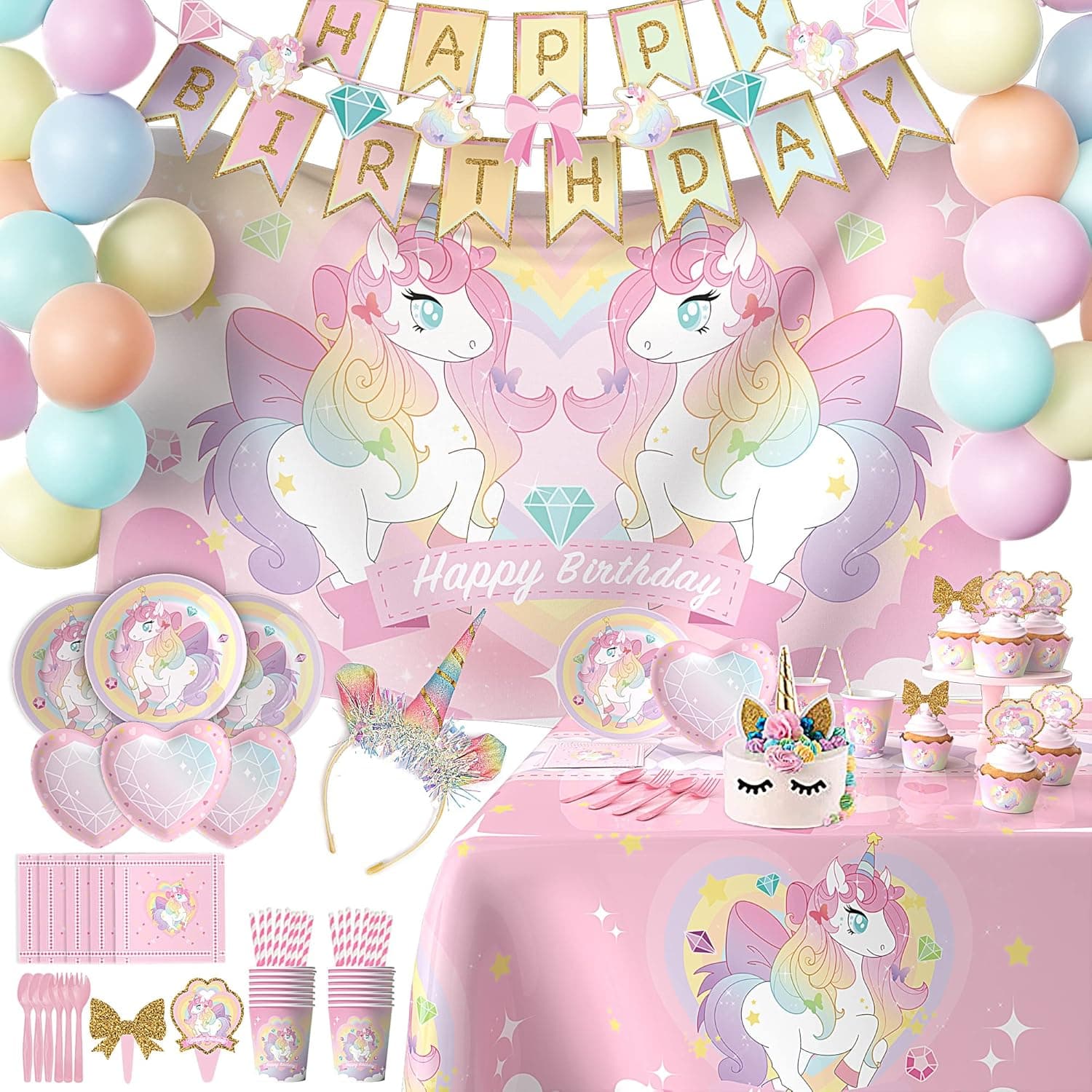 PartyWoo Unicorn Birthday Decorations, 200+ PCS Unicorn Birthday Party Supplies for 16 Guests, Pack of Balloons, Backdrop, Banners, Table Cover, Tableware, Cake Topper, Headband for Unicorn Birthday