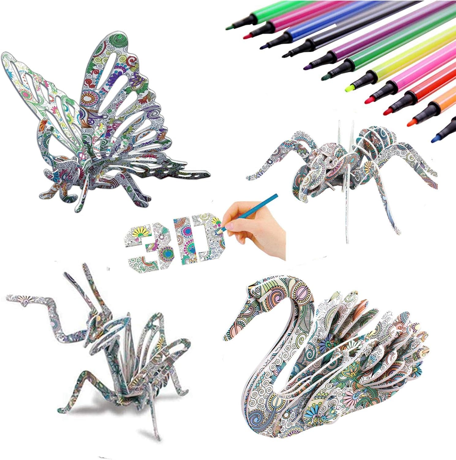 3D Coloring Puzzle Set for Kids, 4 Animals Painting Puzzles with 12 Pen Markers,DIY Arts and Crafts Painting