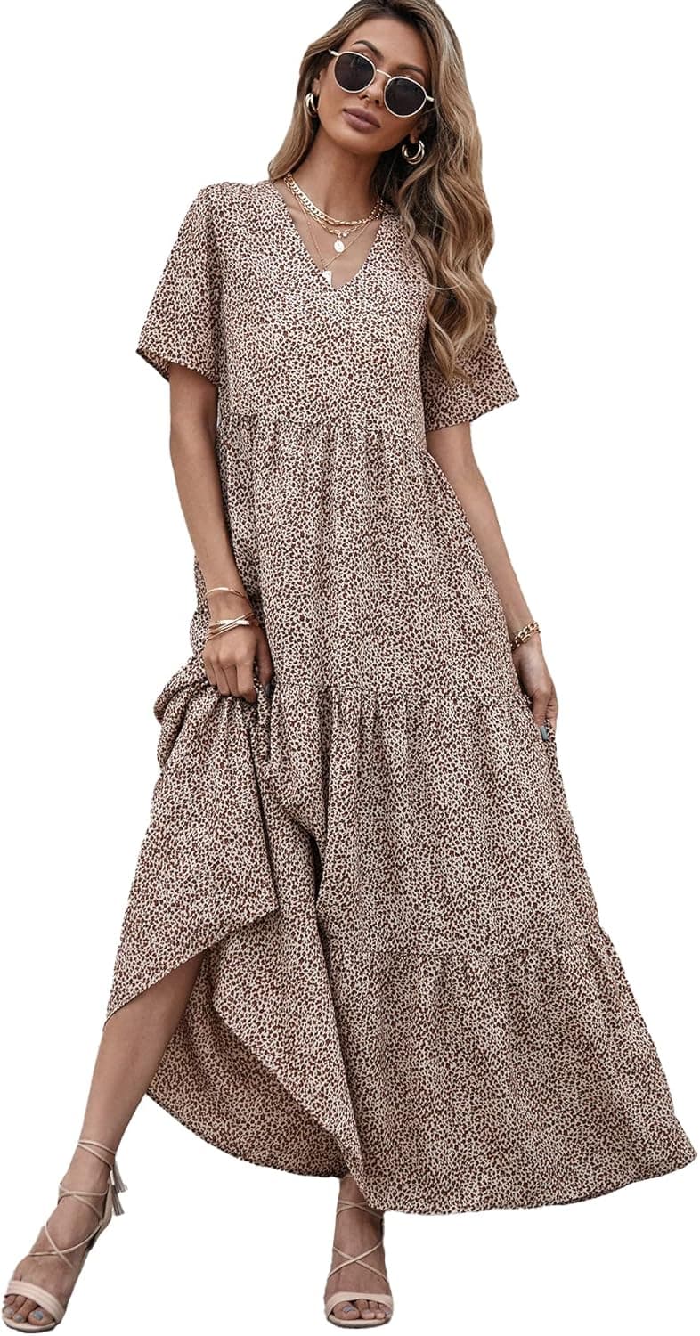 Floerns Women's Short Sleeve Boho Floral Dress A Line Smocked Midi Dress