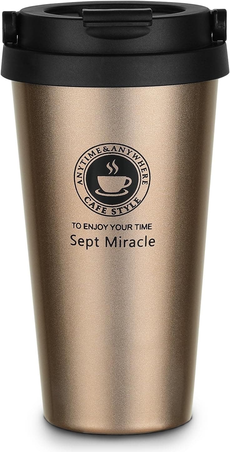 SEPT MIRACLE 17oz Coffee Travel Mug with Handle - Use as Coffee Mug, Pilsner Beer Glass, Iced Tea or Water Cup, Leakproof Double Walled Vacuum Insulated Stainless Steel with BPA Free [500](Pearl Gold)