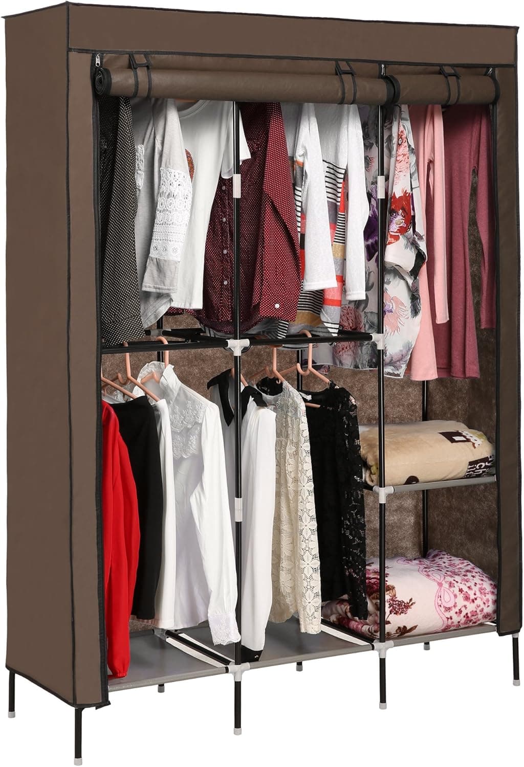 Tomasar Clothes Closet Portable Wardrobe Closet Organizer Storage Double Rod Closet (US Stock) (Coffee)