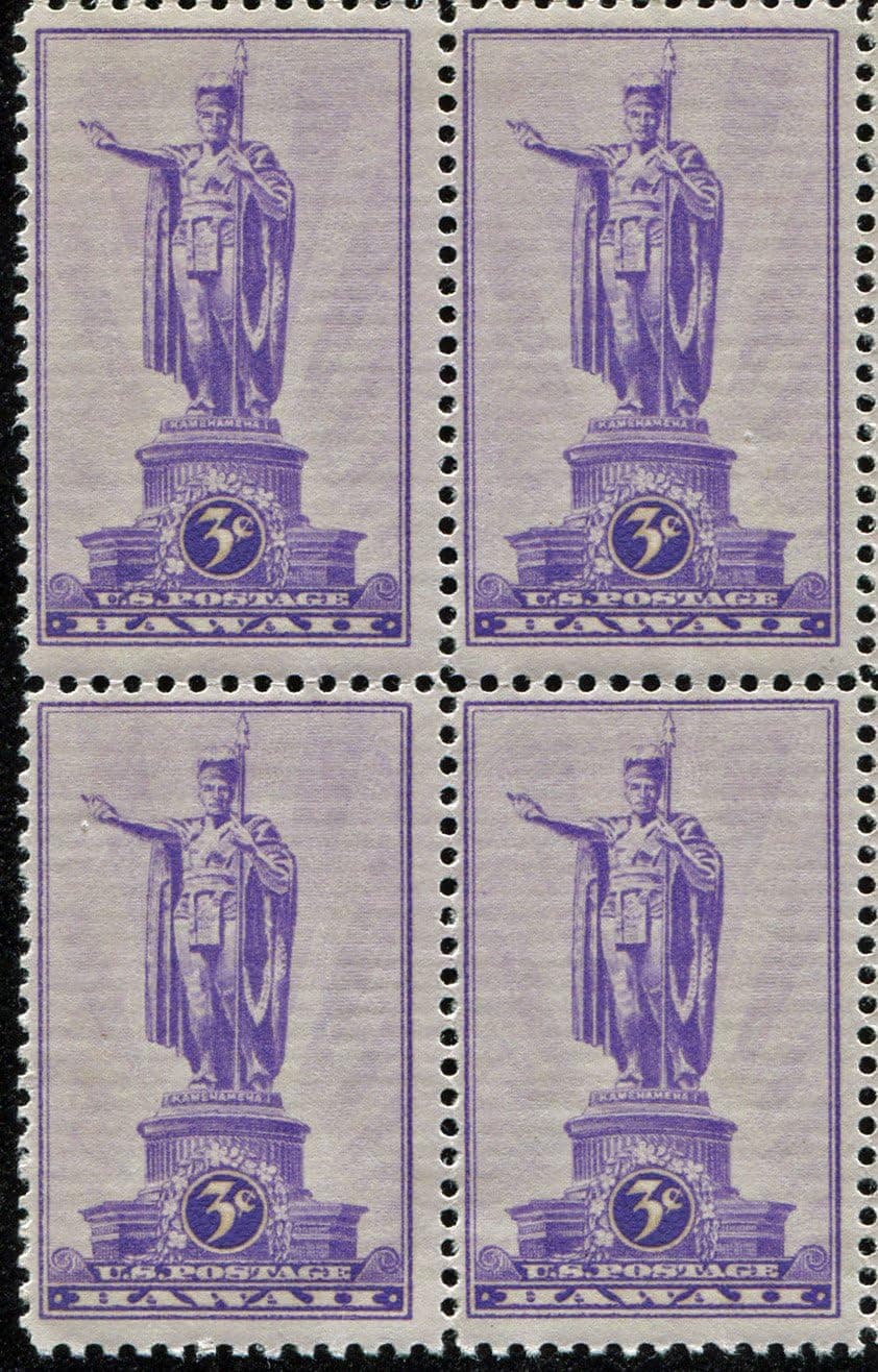 Block of 4, $.03 Cent US Postage Stamps, Statue of Kamehameha I, 1937, S#799