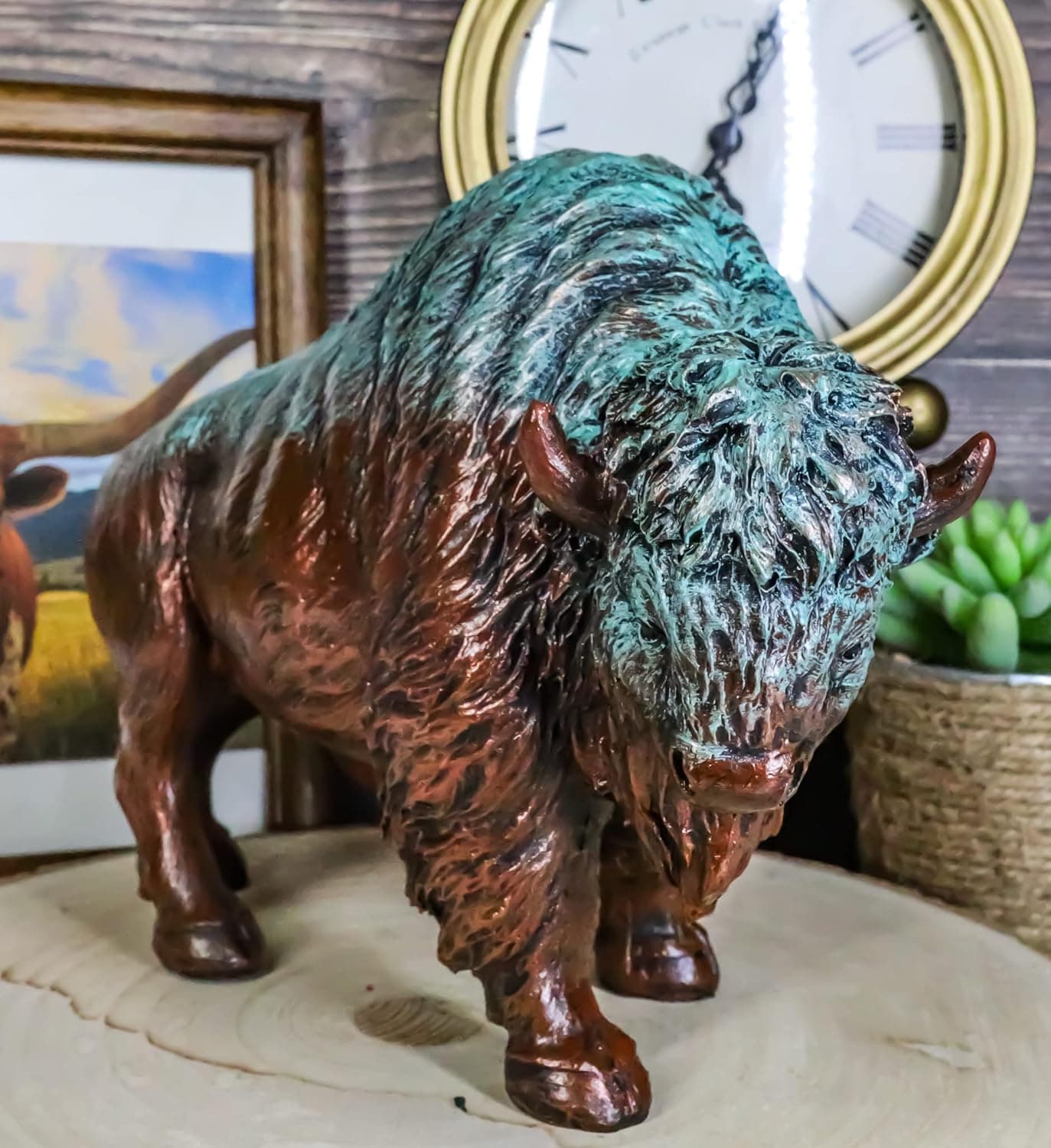 Ebros Gift Native American Bison Buffalo Decorative Resin Figurine Finished in Green Patina Faux Bronze 8.5" Long Symbol of Abundance and Manifestation Animal Totem Spirit Home Accent Decor