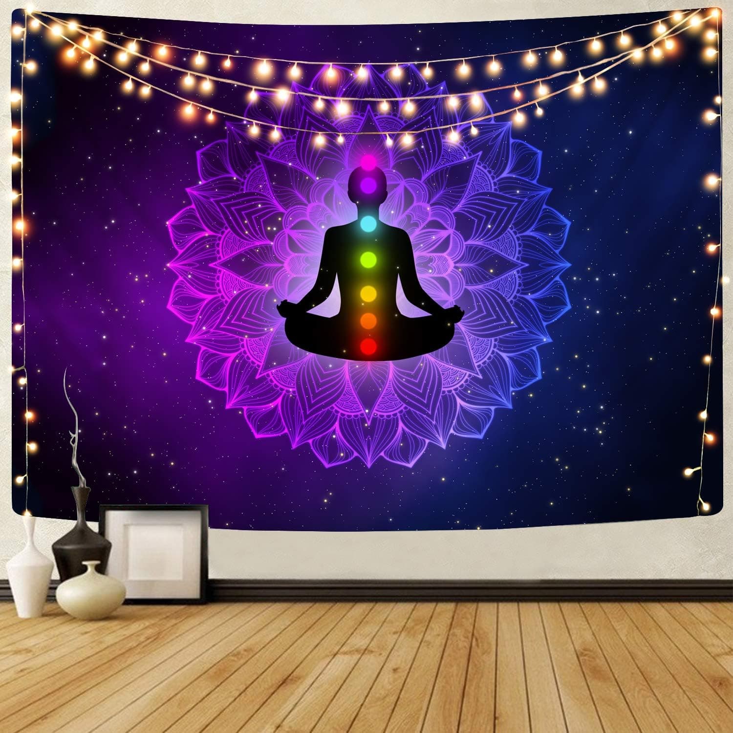 QCIV Meditation Tapestry Wall Hanging Seven Chakra Tapestries Hippie Bohemian Yoga Indian Chakra Studio Room Decorations Wall Poster Mandala Lotus Flowers Tapestry's (59.1" H x 82.7" W, Meditation)
