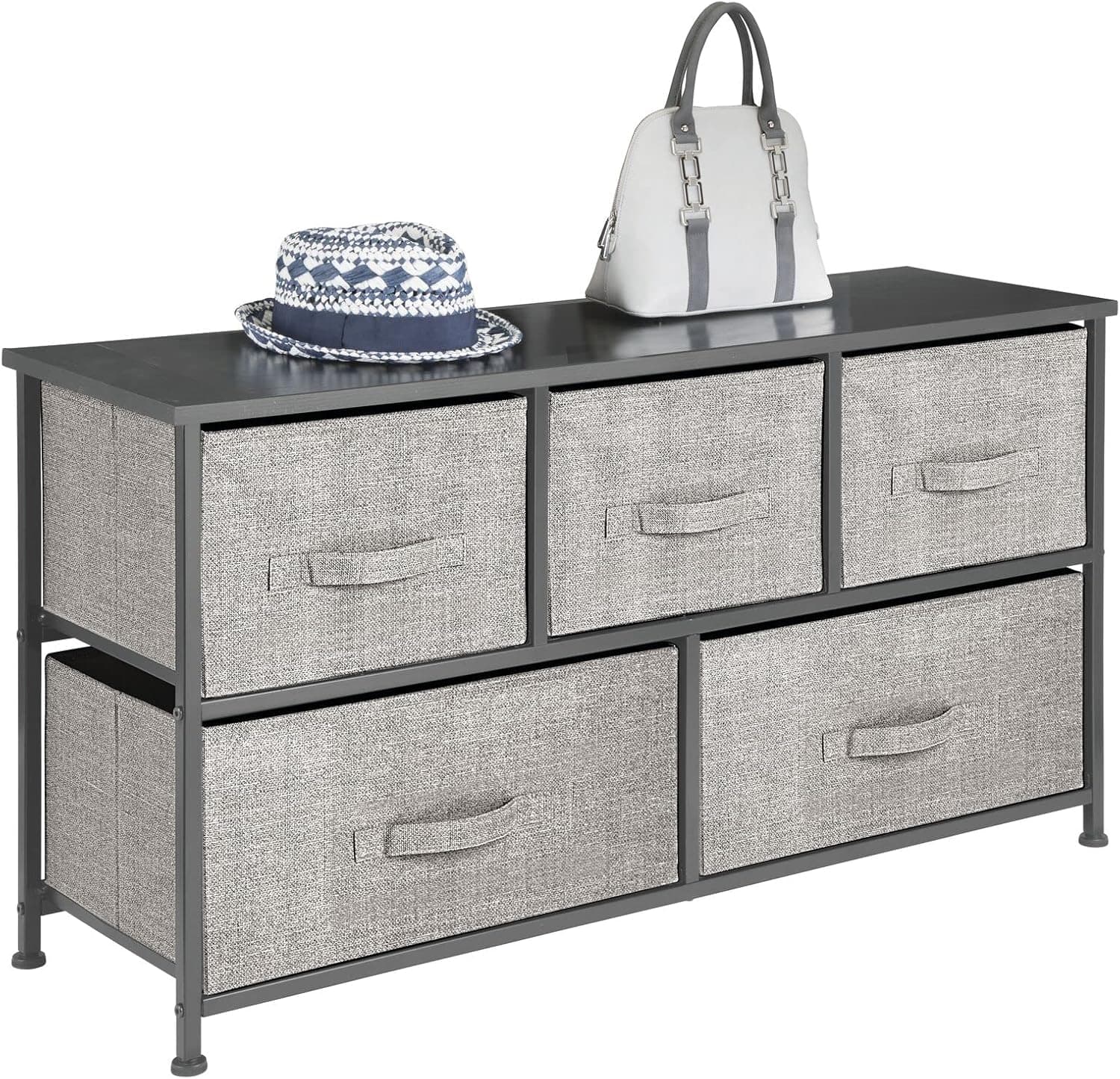 mDesign 21.65" High Steel Frame/Wood Top Storage Dresser Furniture Unit with 5 Removable Fabric Drawers - Wide Bureau Organizer for Bedroom, Living Room, Closet - Lido Collection, Black/Graphite Gray