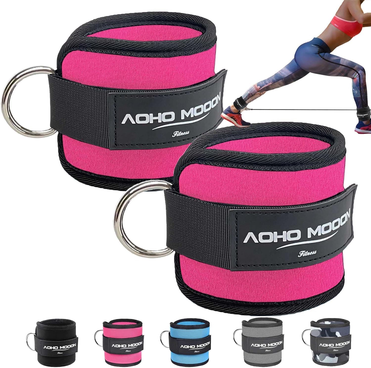 AOHO MOOON Comfortable Adjustable Padded Ankle Wrist Cuffs Neoprene Padded Straps D-Ring Glute Kickback for Cable Machine, Ideal for Glutes Exercises