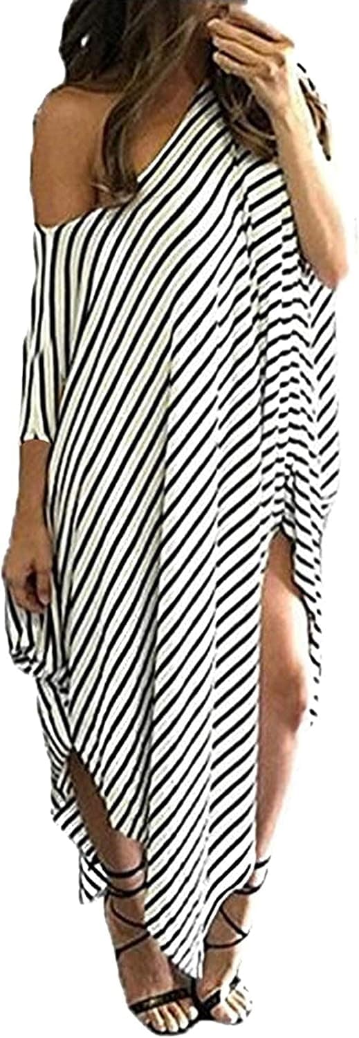 Bxwoum Women's Maxi Dress Striped Off Shoulder Casual Loose Kaftan Round Neck Long Dresses (XXL, White)