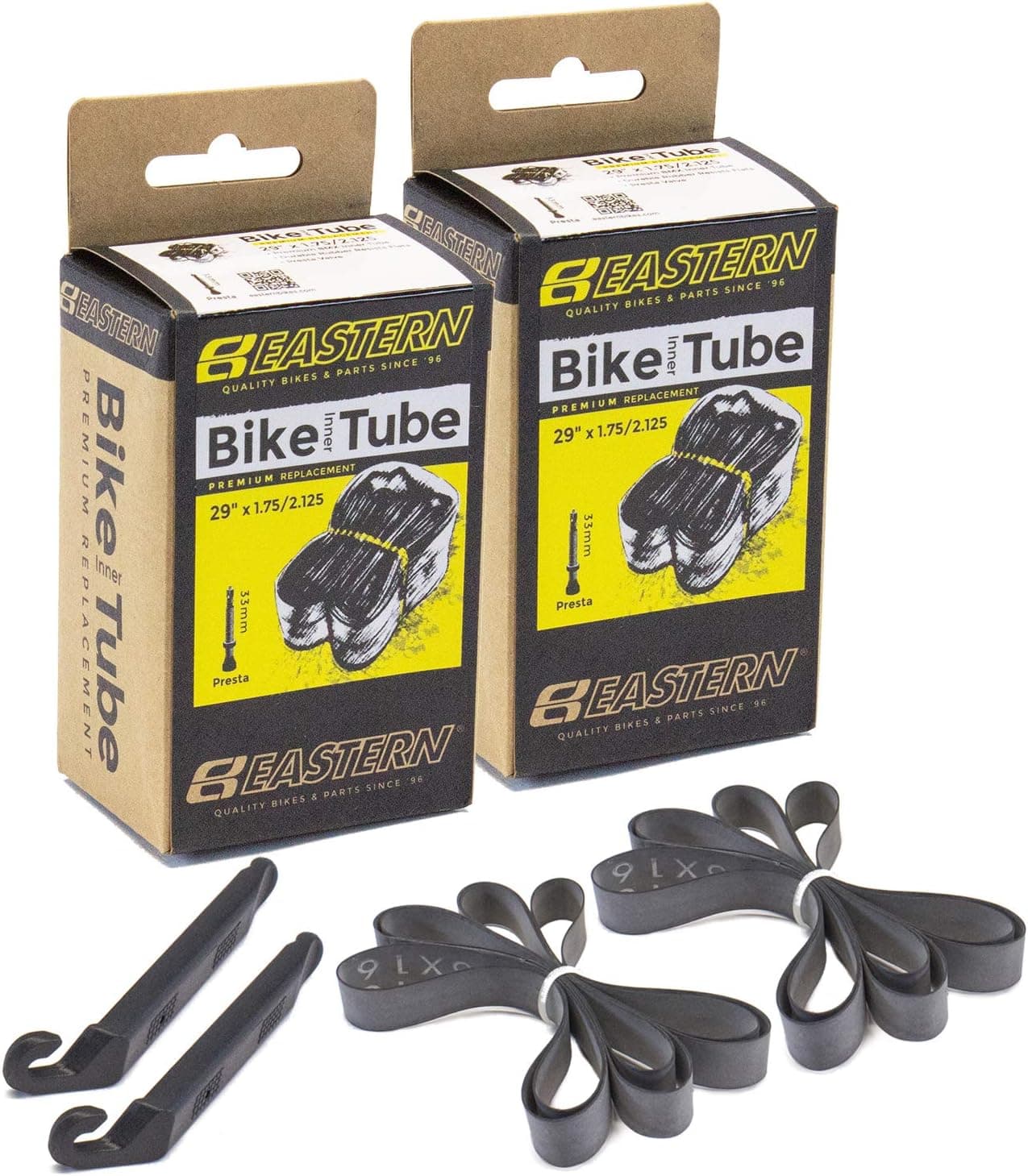 Eastern Bikes 26" Bicycle Tube Replacement Kits - Presta Valve 33mm. Comes with Tire Lever Tools and Fresh Rim Strips. 1 2 3 4 and 5 Packs