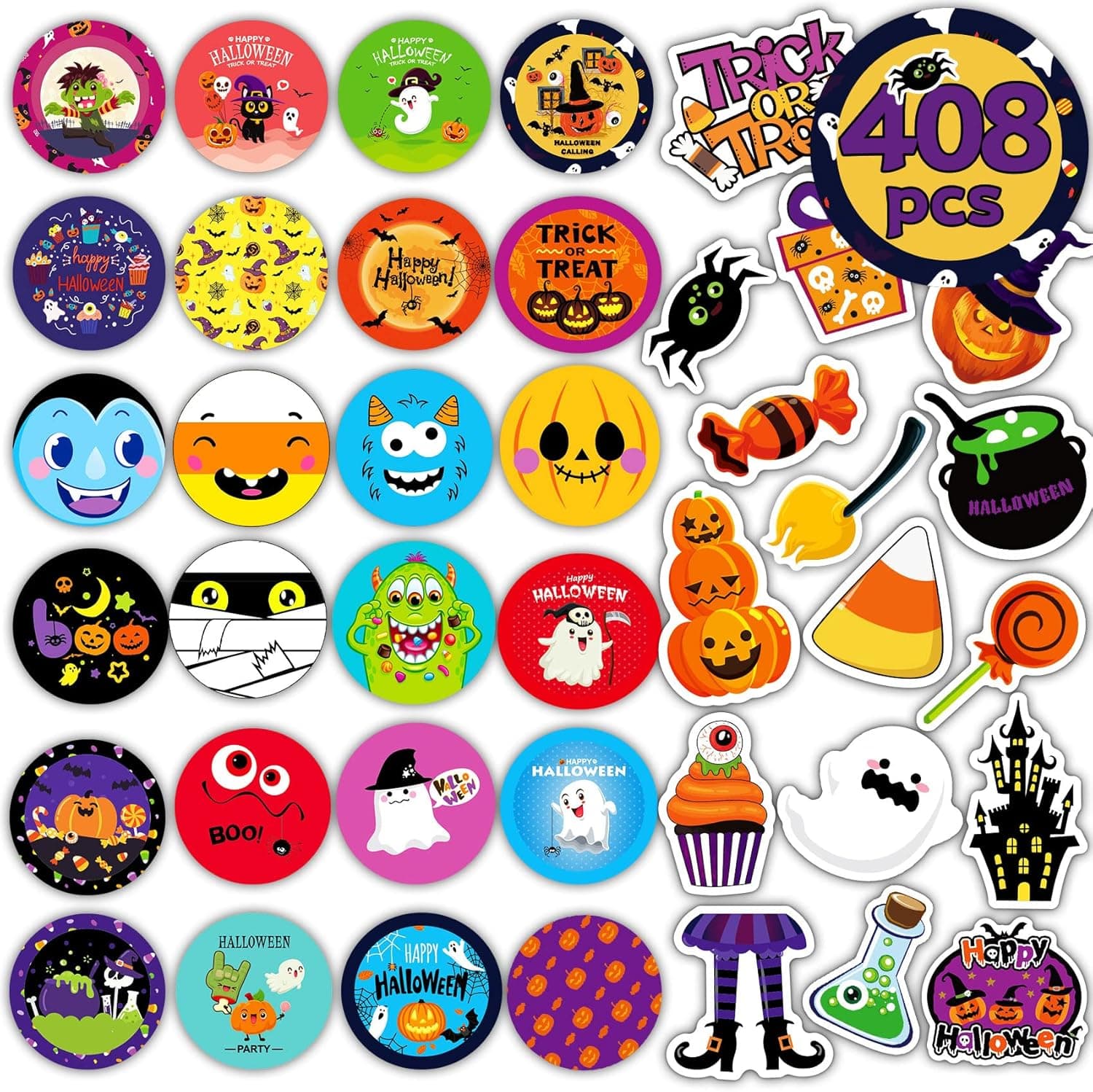 Funnlot Halloween Sticker Sheets 32 Sheets Round Halloween Stickers for Kids Halloween Stickers Trick Or Treat Stickers for Treat Bag Halloween Party Decors