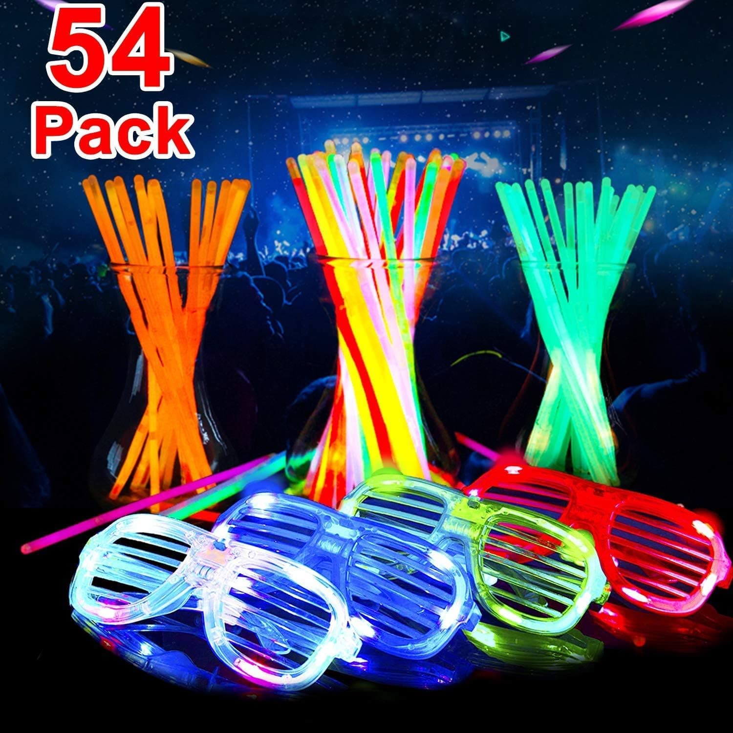 54 Pack Glow Sticks Bulk Party Pack Neon Party Supplies Halloween Glow in The Dark Party Favors 50 Glow Necklaces Bracelets + 4 LED Glow Glasses Light Up Toys for Boys Girls Birthday Holiday Gift