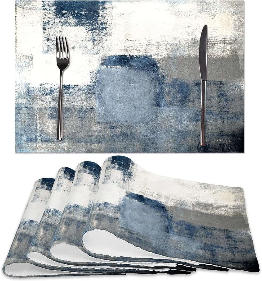 Blue Abstract Art Placemats, White and Grey Modern Art Placemats Set of 4, Heat Resistant Non-Slip Artwork Dining Placemats, Washable Place Mats for Home Kitchen (White and Grey, 18"X12")
