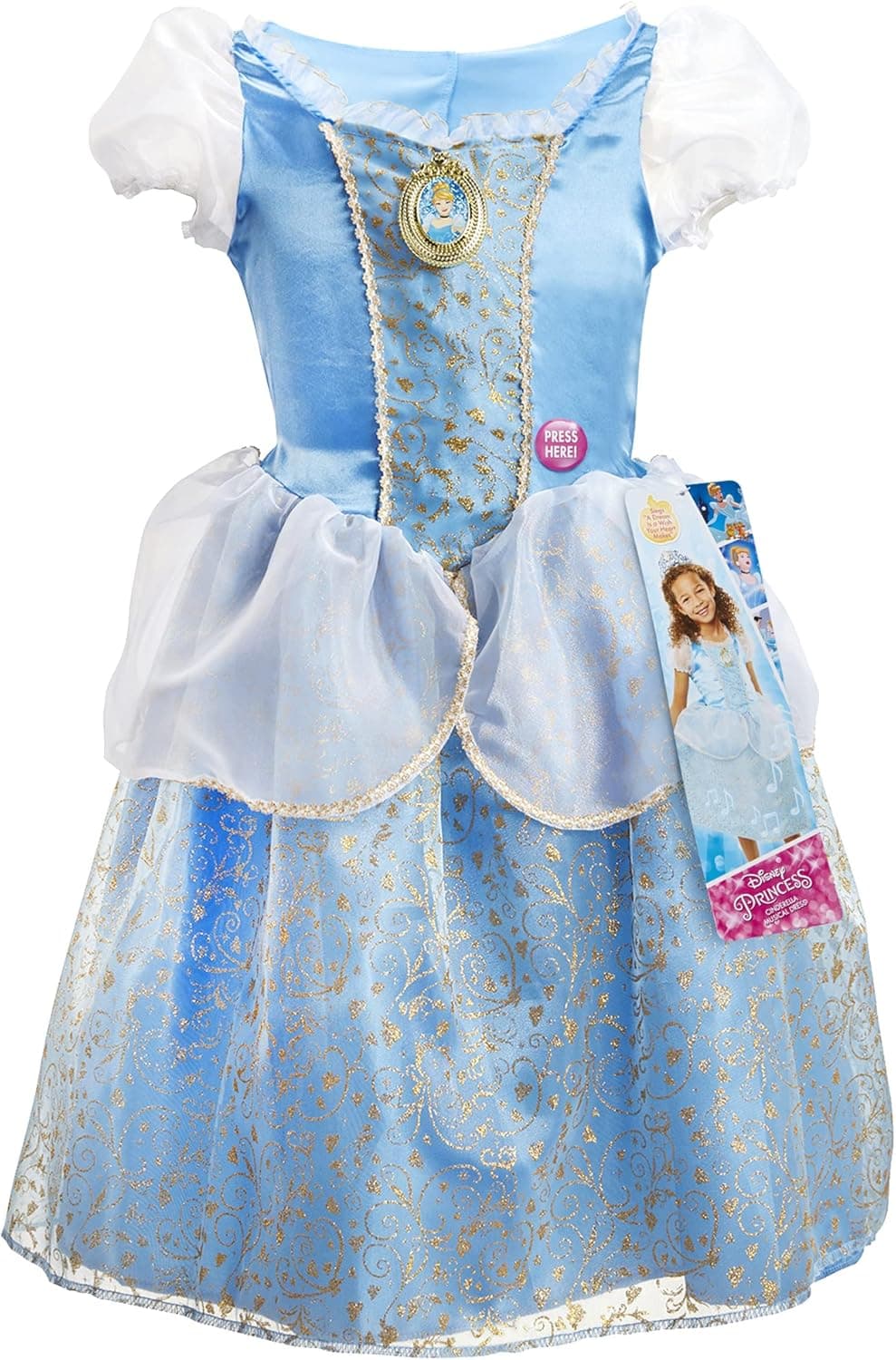 Disney Princess Cinderella Dress Costume, Sing & Shimmer Musical Sparkling Dress, Sing-A-Long To “A Dream Is A Wish Your Heart Makes” Perfect for Party, Halloween or Dress Up [Amazon Exclusive]