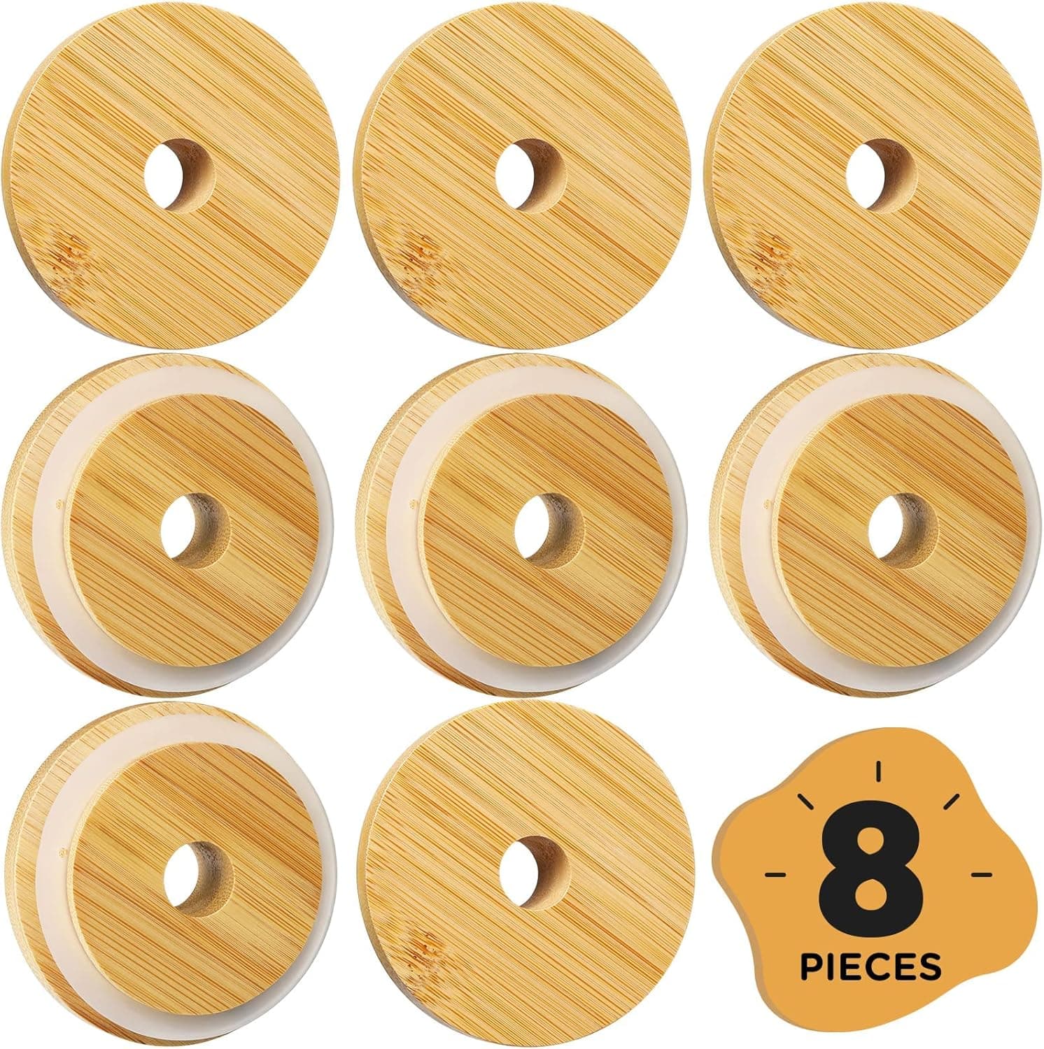 Bamboo Lids for Ball/Kerr Mason Jars, 86mm Wide Mouth Mason Jar Lids with Straw Hole, Eco and Reusable (8 PCS)