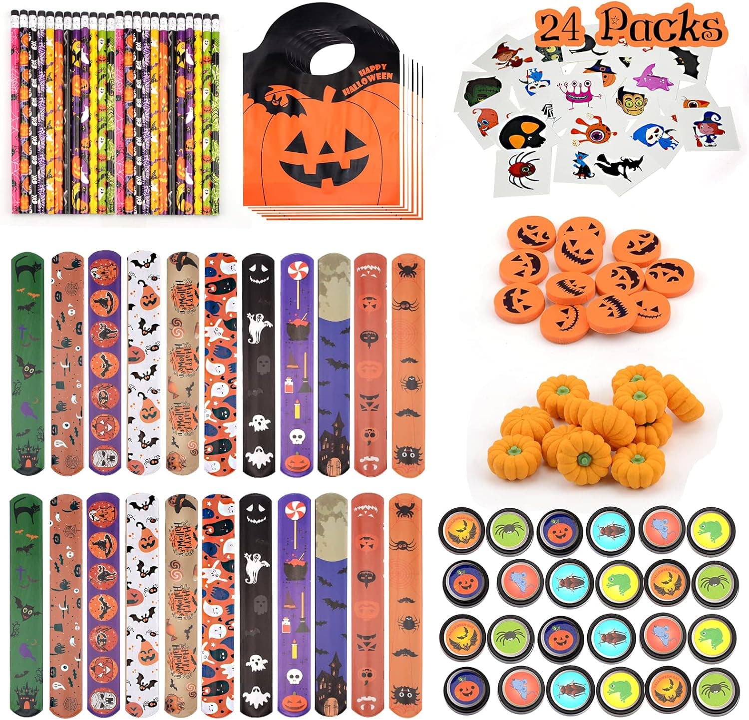 Halloween Party Favors 144pcs Halloween Themed Stationery Gifts for Kids, Halloween Toys Party Favor with Eraser, Bracelet, Stickers, Pencils, Stamps and Gift Bag for Halloween Party Event, Trick or Treat, Game Prizes, Classroom Rewards