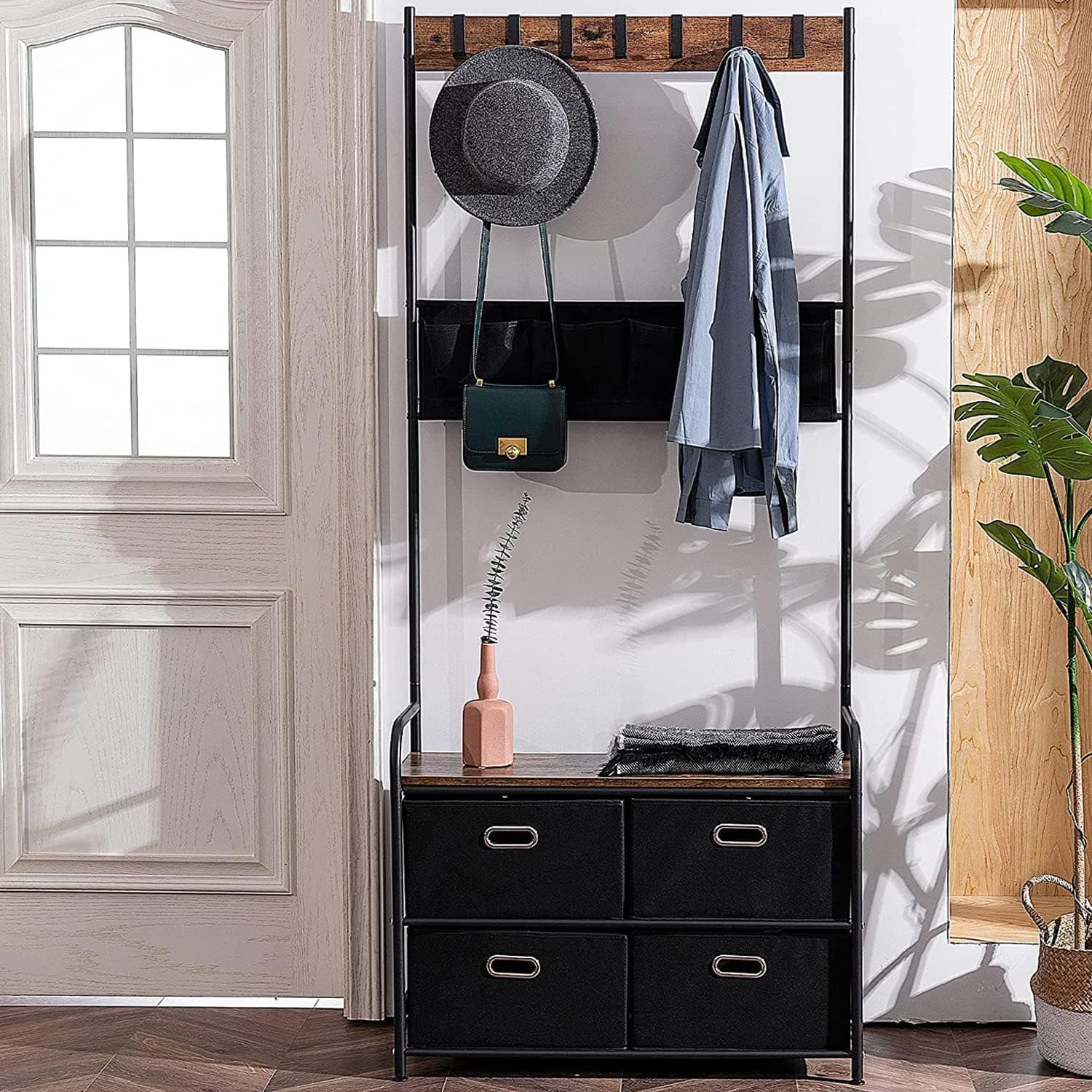 WAYTRIM Hall Tree Coat Rack, 5 in 1 Design Freestanding Hallway Organizer, Industrial Entryway Coat Rack Storage Shelves with Shoe Bench, 7 Hooks, 4 Fabric Drawers, Steel Frame, Rustic Brown
