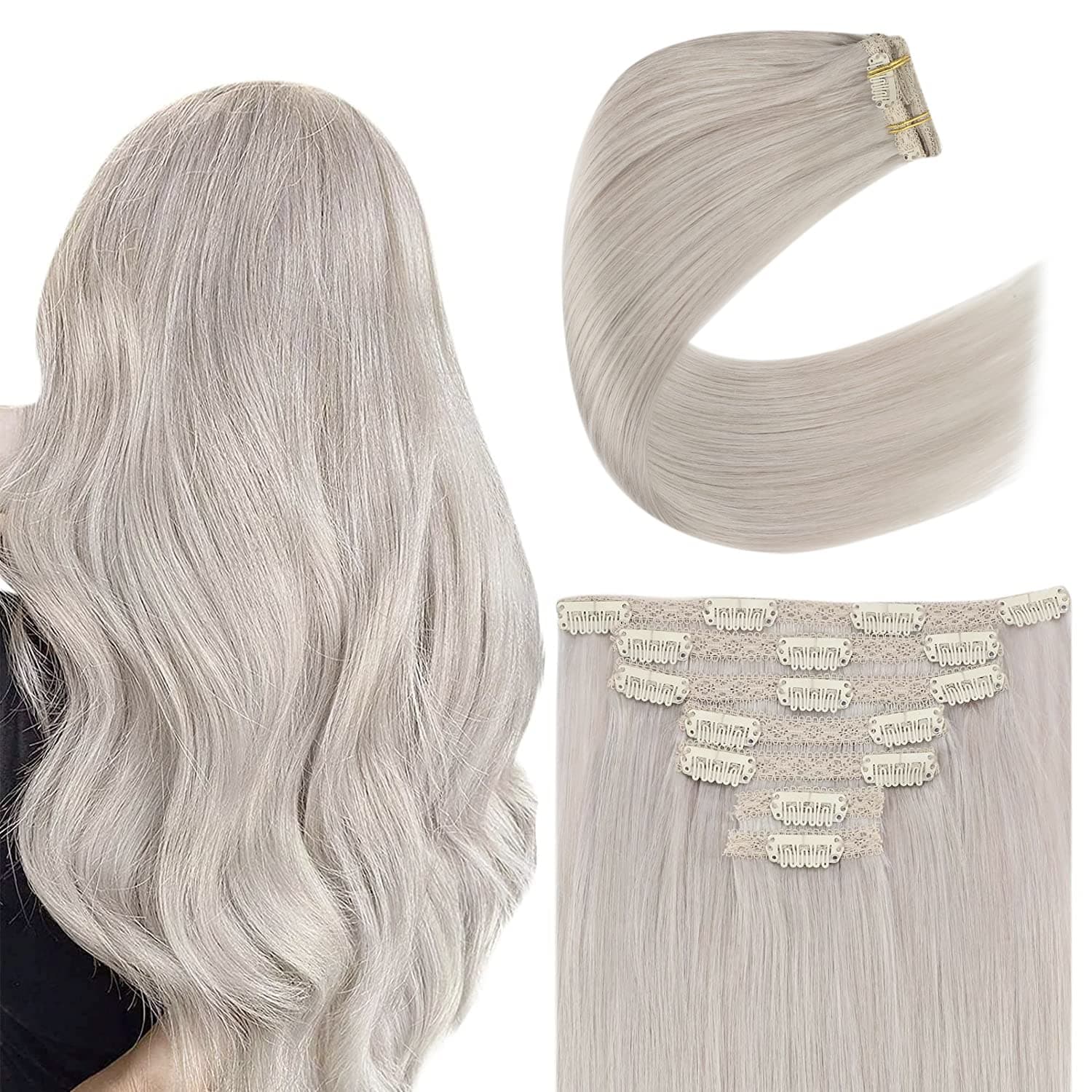 YoungSee 20inch Gray Clip in Extensions Remy Human Hair Dip Dyed Grey Clip on Hair Extensions Full Head Clip in Straight Human Hair 120g/7pcs