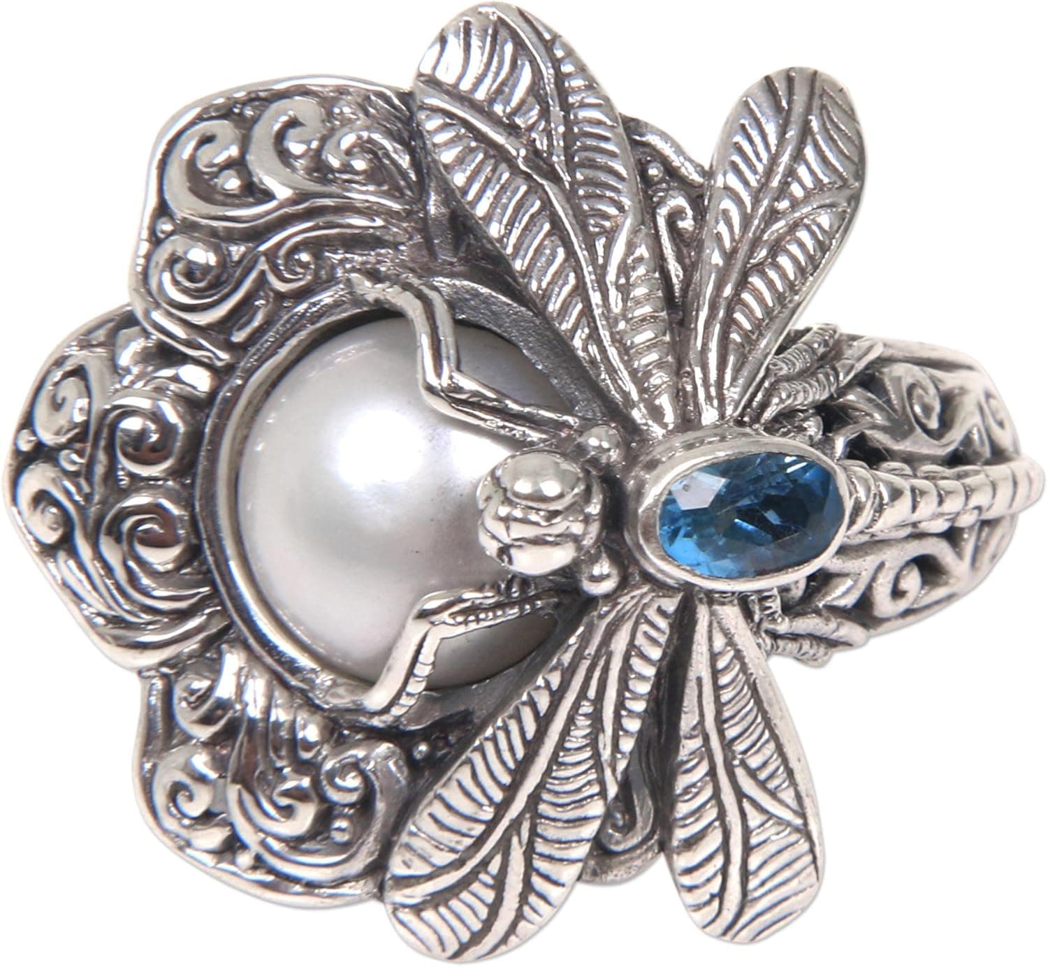 NOVICA Handmade Rafflesia Flower - Cultured Pearl Cocktail Ring Dragonfly, Cocktail Ring, Rings for Women, Christmas Gifts for Women, Jewelry for Women, Women's Rings