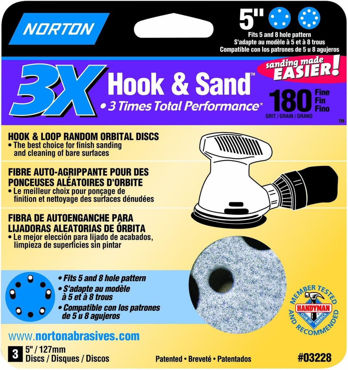 Norton 03228 3X Hook and Sand 180 Grit Universal Vac Hole Sanding Disc, 5-Inch, 3-Pack